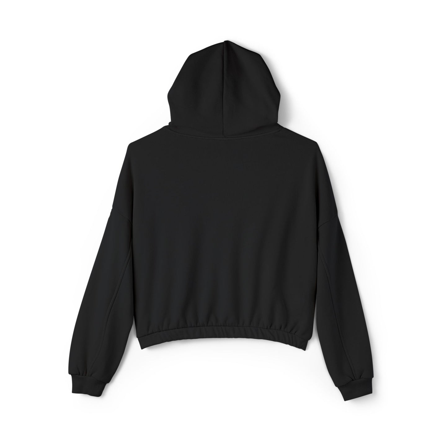 Back view of black cinched bottom waitress hoodie, flat lay.