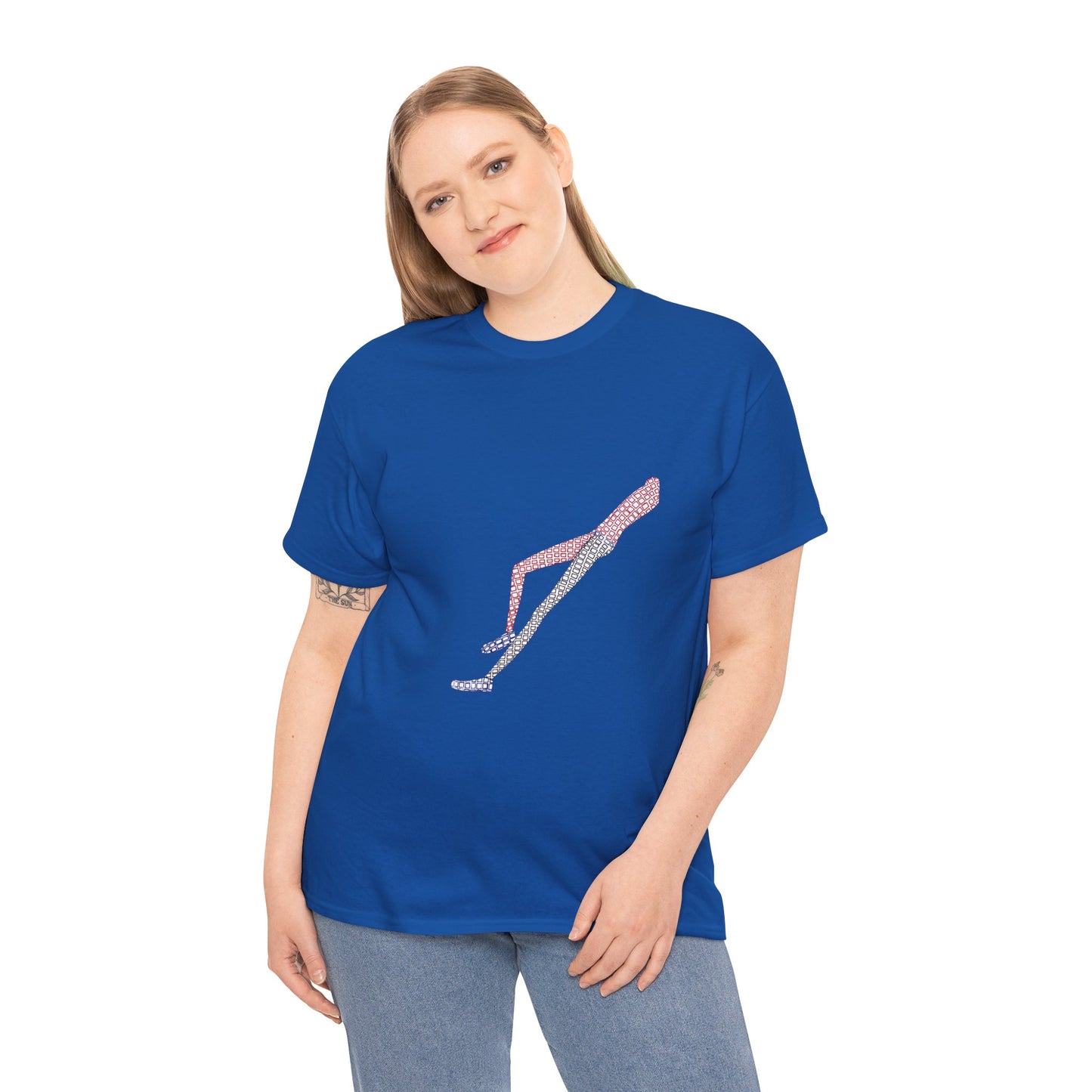 Woman wearing blue Shapes in Shapes T-Shirt smiling