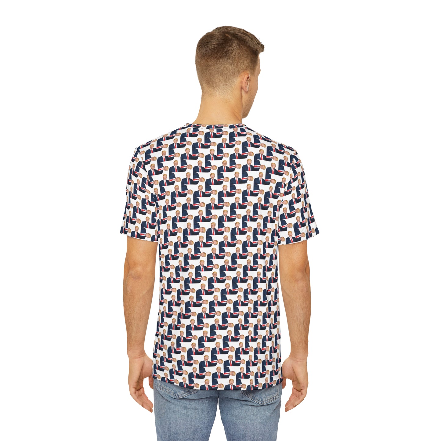 Back view of The Donald men’s T-shirt with repeating political design