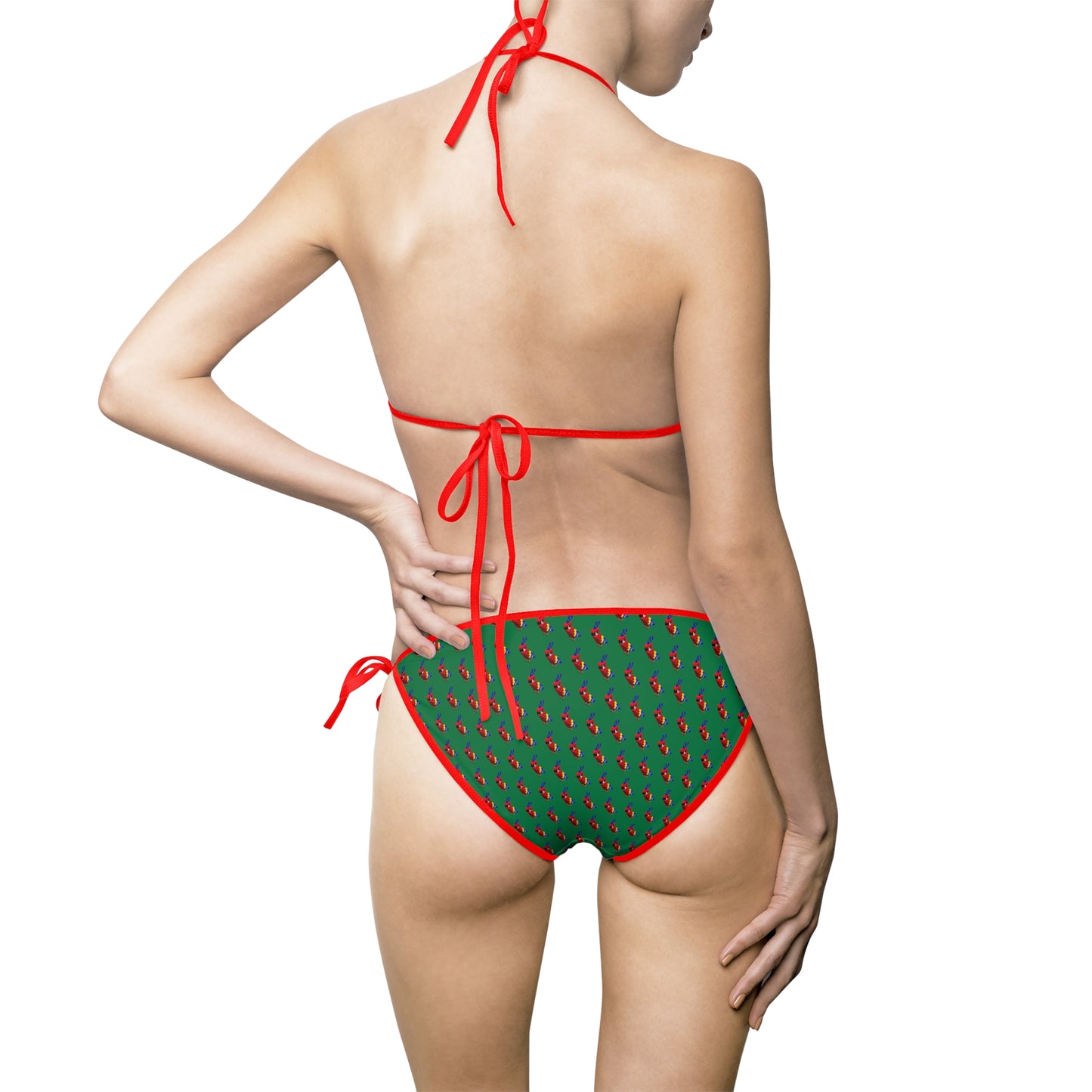 Back view of bikini showing red tie straps and full pixel parrot print on top and bottom.
