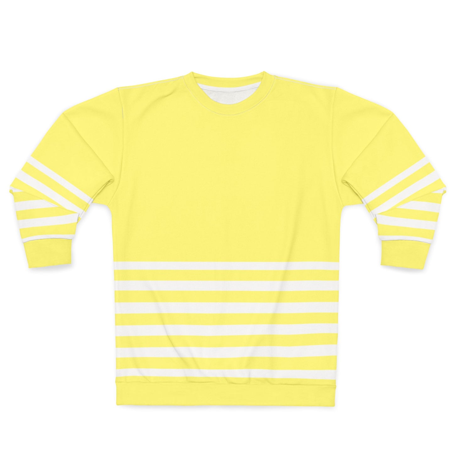 Flat lay of yellow striped sweatshirt front view on plain background