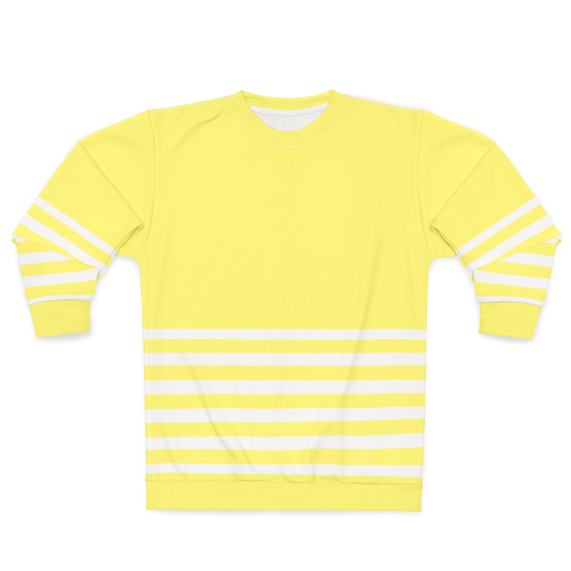 Flat lay of yellow striped sweatshirt front view on plain background