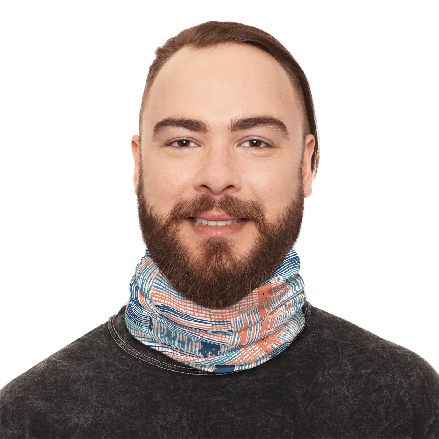 Artsy Blue and Orange Tube Scarf worn as neck scarf male model front portrait