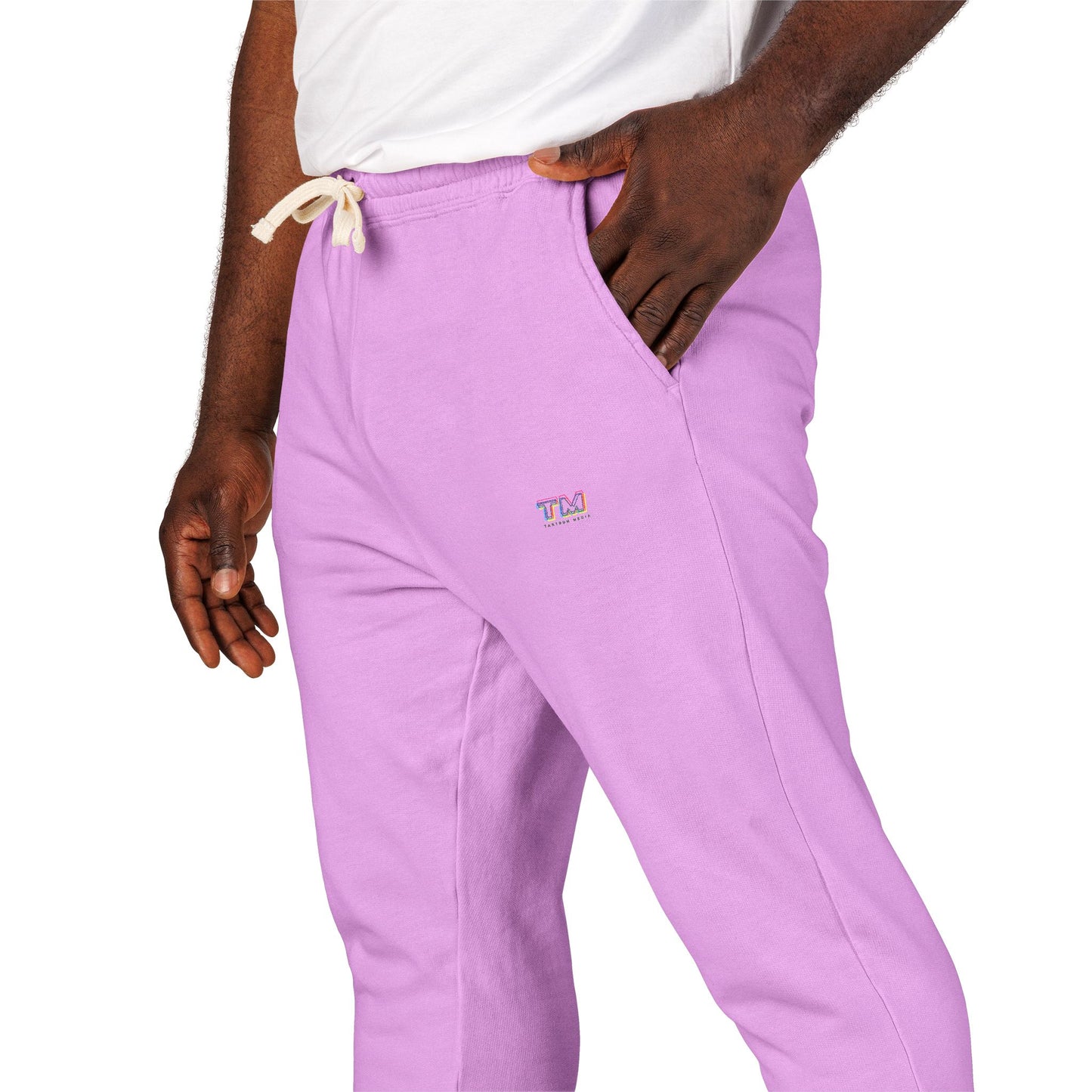 Side view of lavender Tantrum Media Cozy Fleece Sweatpants