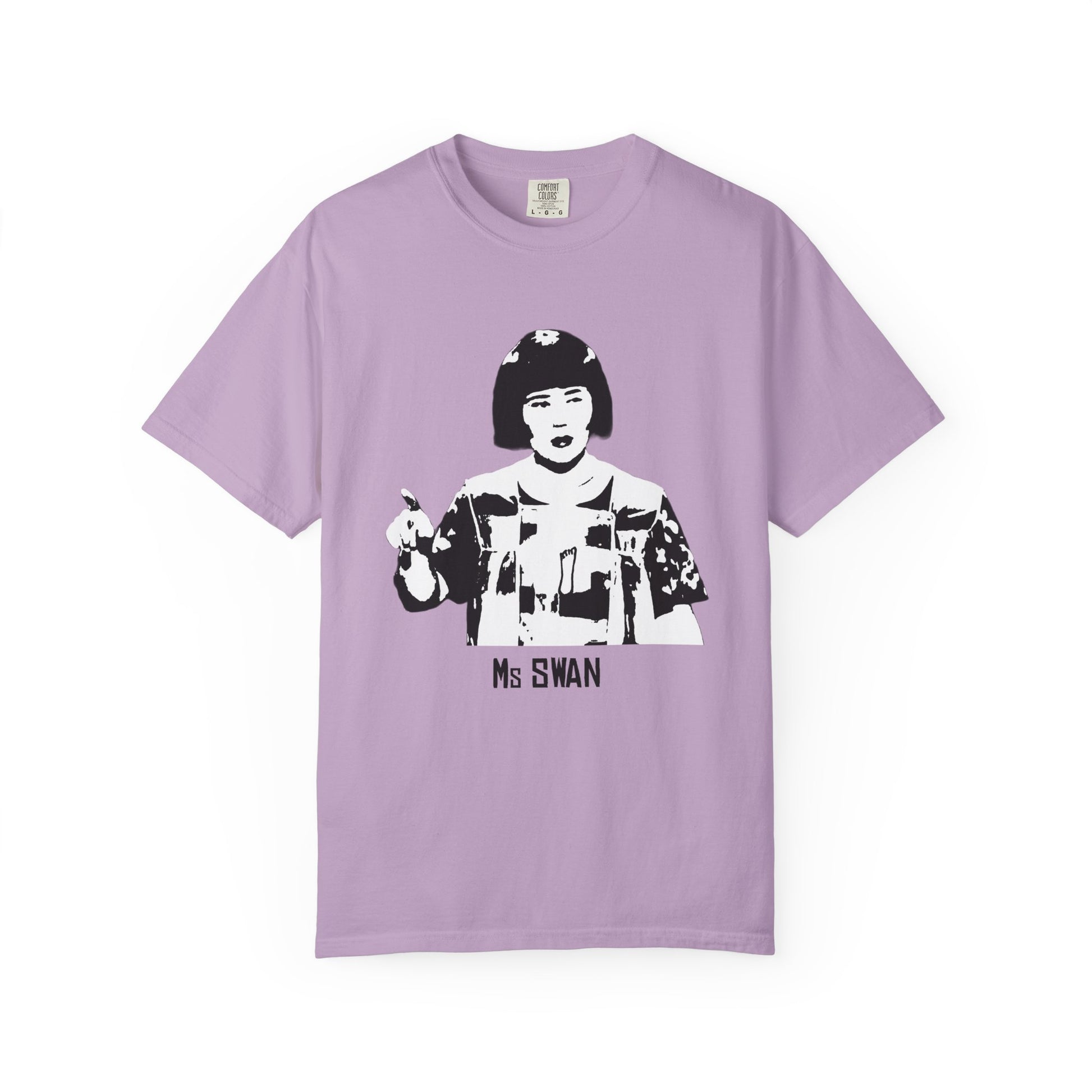 Lavender Ms. Swan MadTV unisex T-shirt shown flat with printed character design.