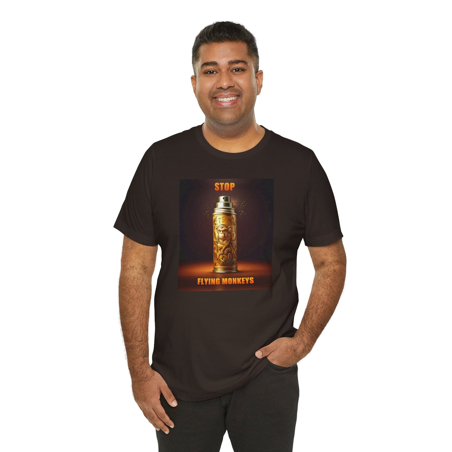 Man in black Stop Flying Monkeys T-Shirt smiling confidently
