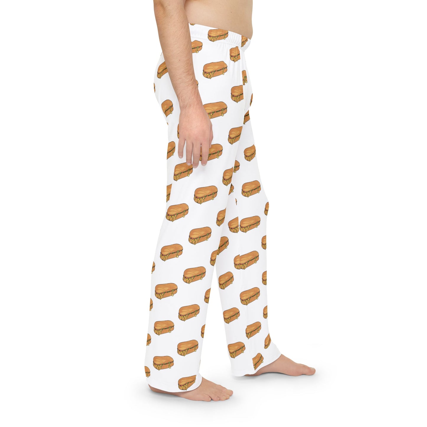 Side view of men’s white pajama pants featuring chopped cheese sandwich print.