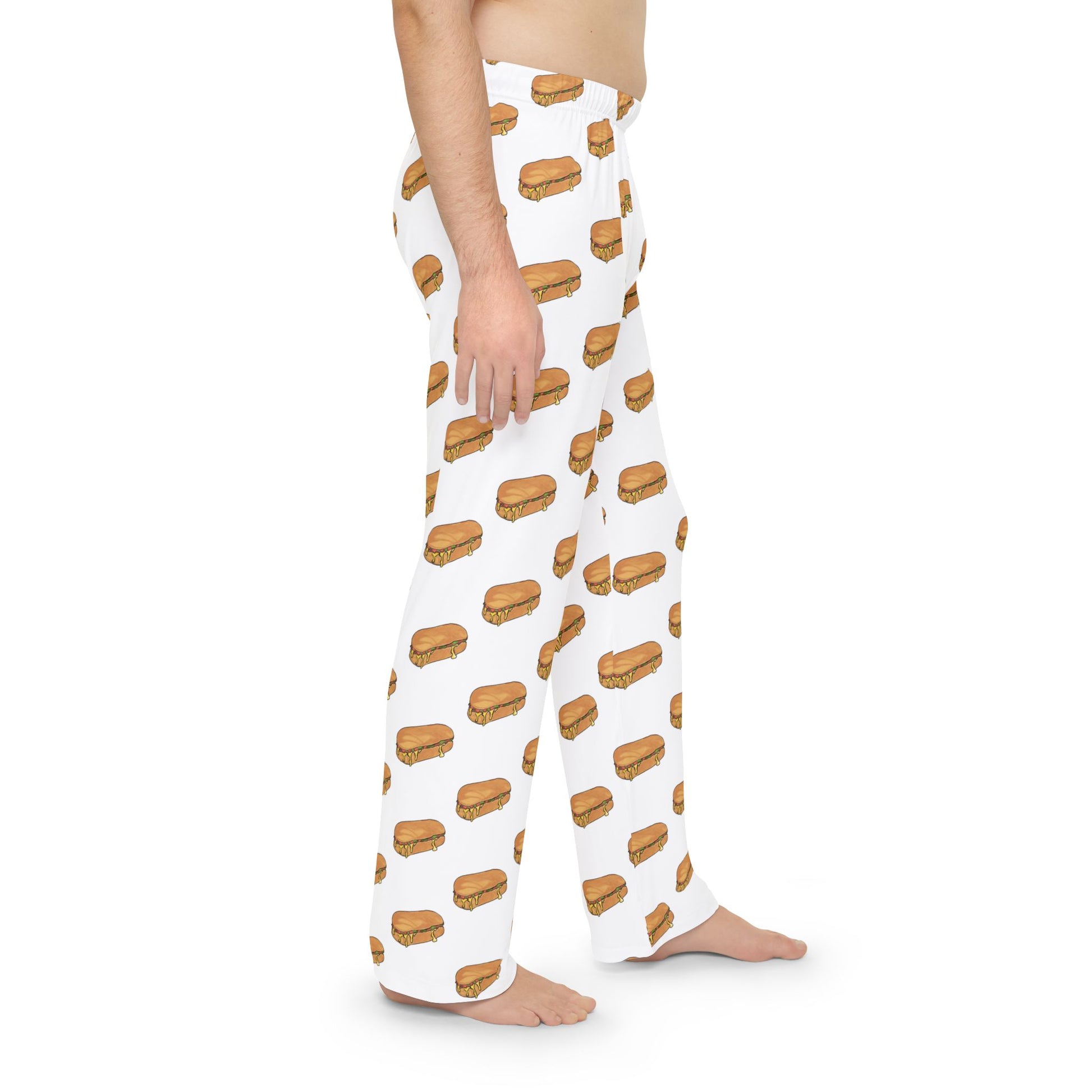 Side view of men’s white pajama pants featuring chopped cheese sandwich print.