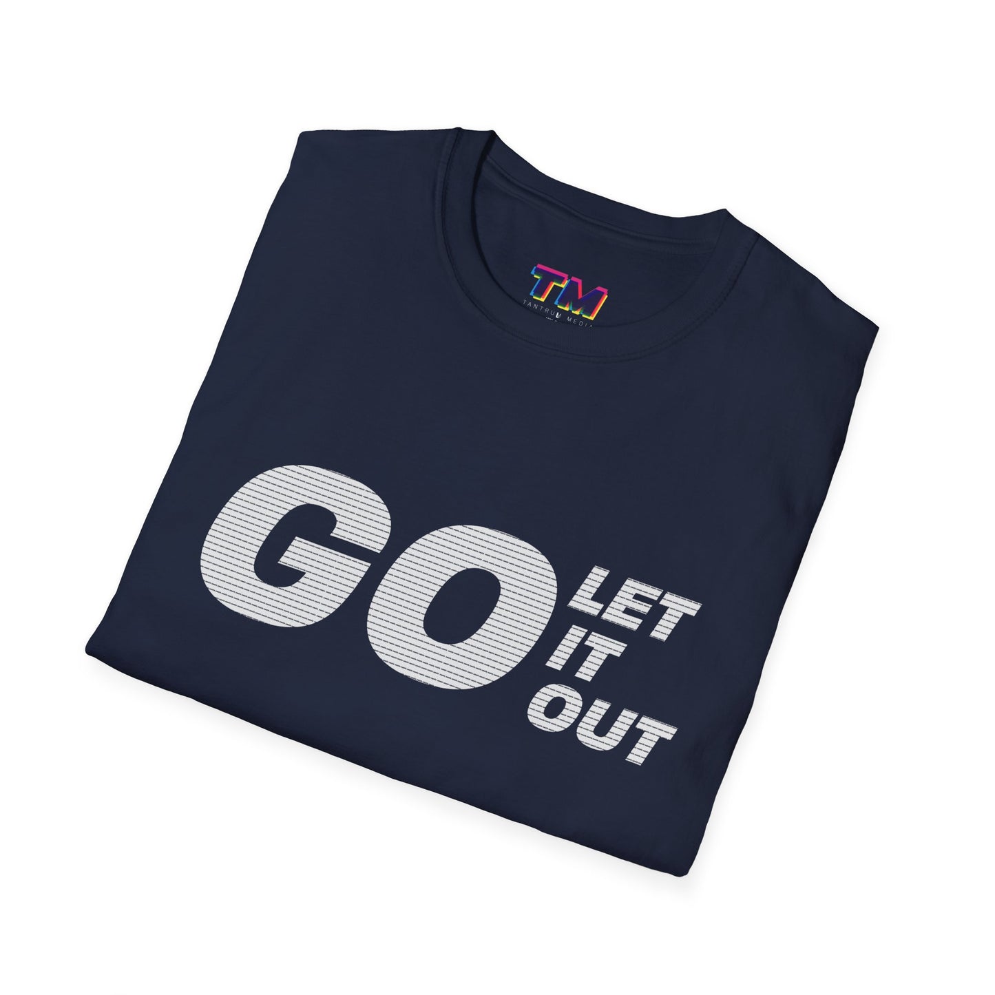Folded navy blue t-shirt with 'GO LET IT OUT' text on a white background