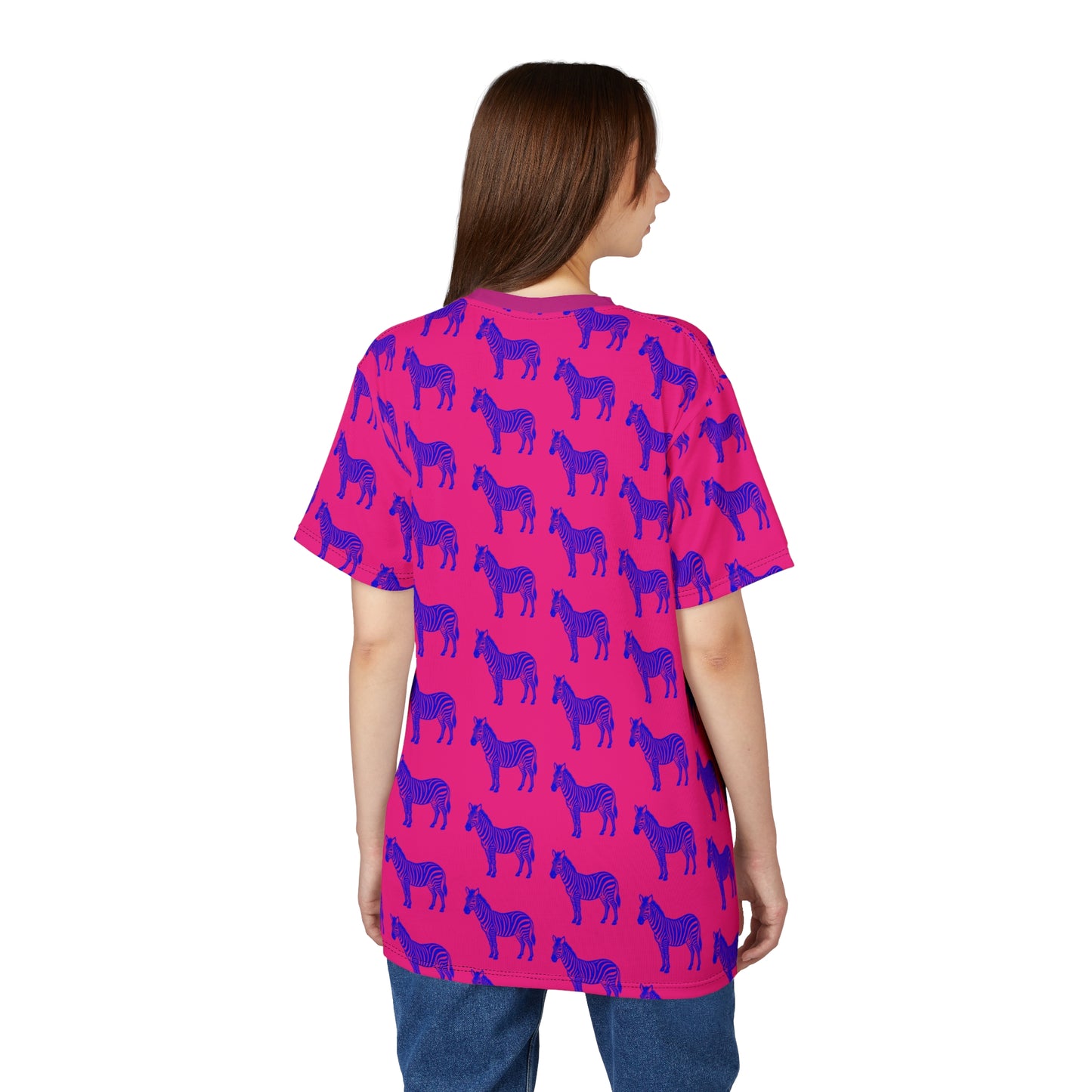 Back view of woman wearing Blue Zebra Unisex T-Shirt with all-over zebra design.