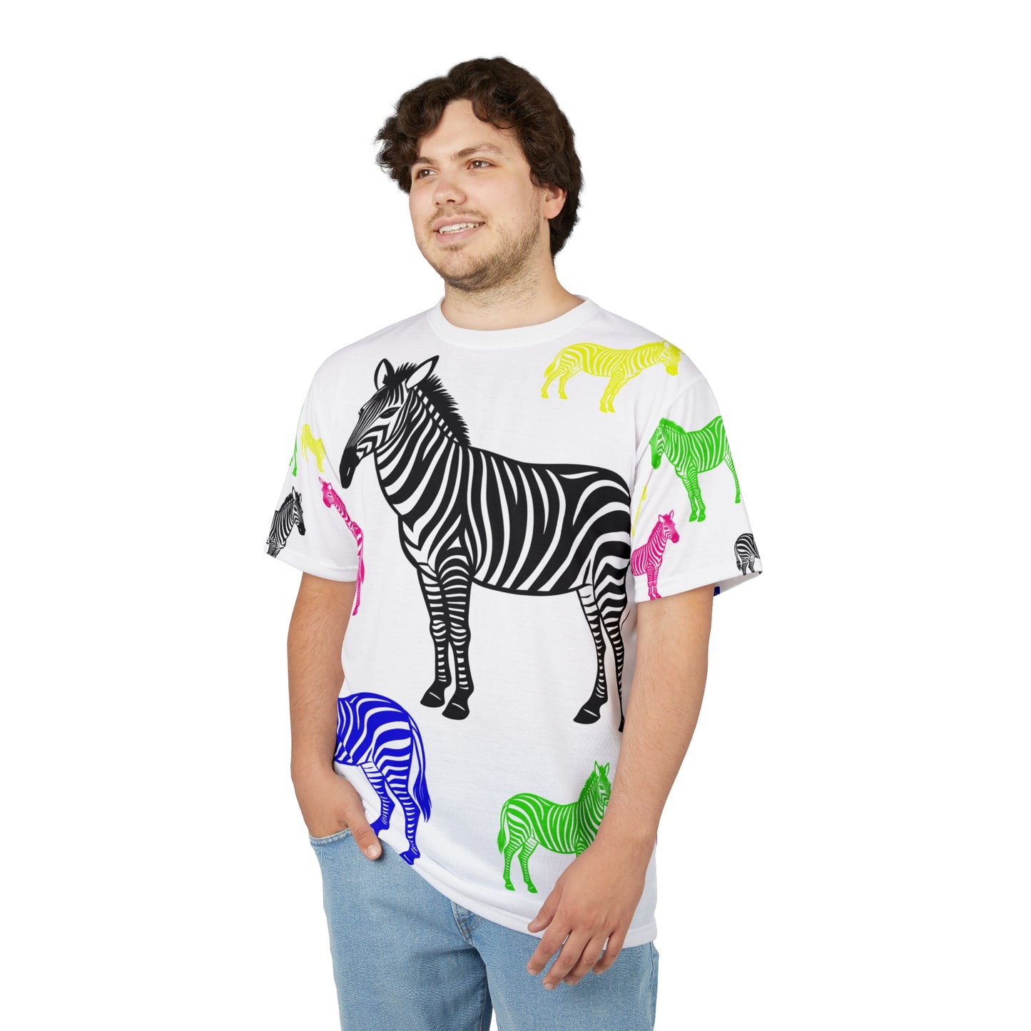 Male model smiling in Colored Zebras Unisex T-Shirt with bright zebra graphics