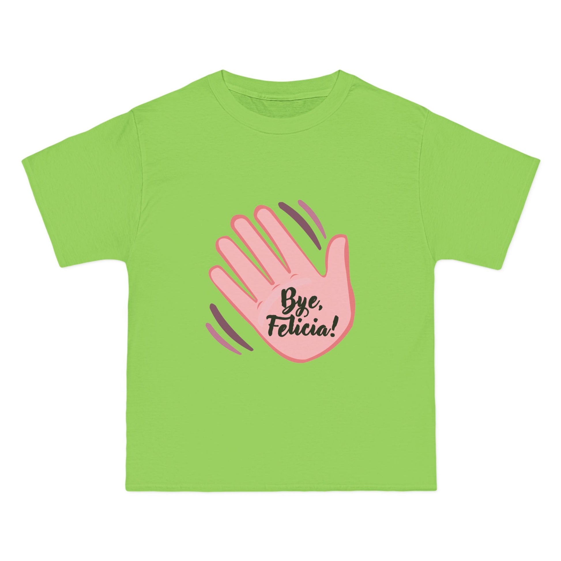Flat lay green Bye Felicia T-Shirt with pink hand graphic