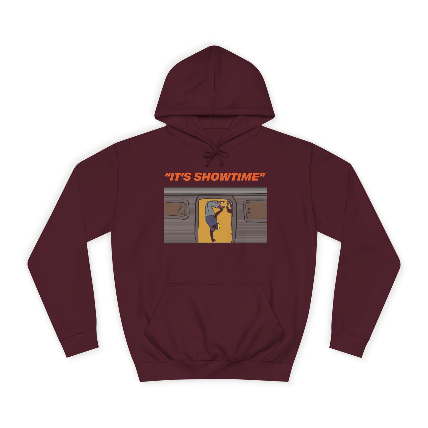 Burgundy It’s Showtime Hoodie with subway performer artwork on front.
