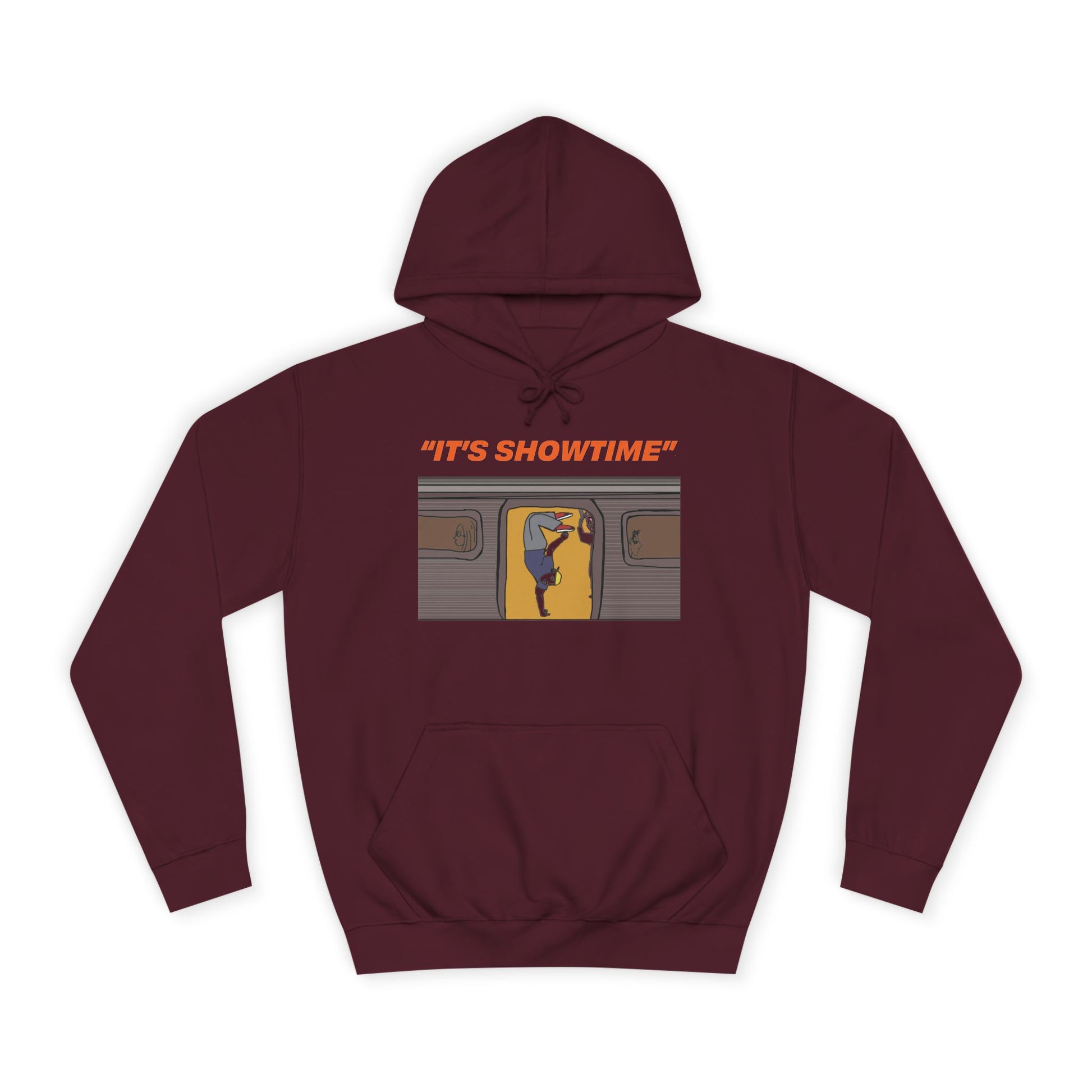 Burgundy It’s Showtime Hoodie with subway performer artwork on front.