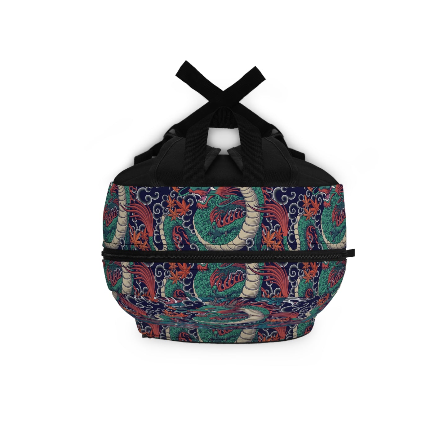 Top view of dragon backpack showing handle and zipper opening