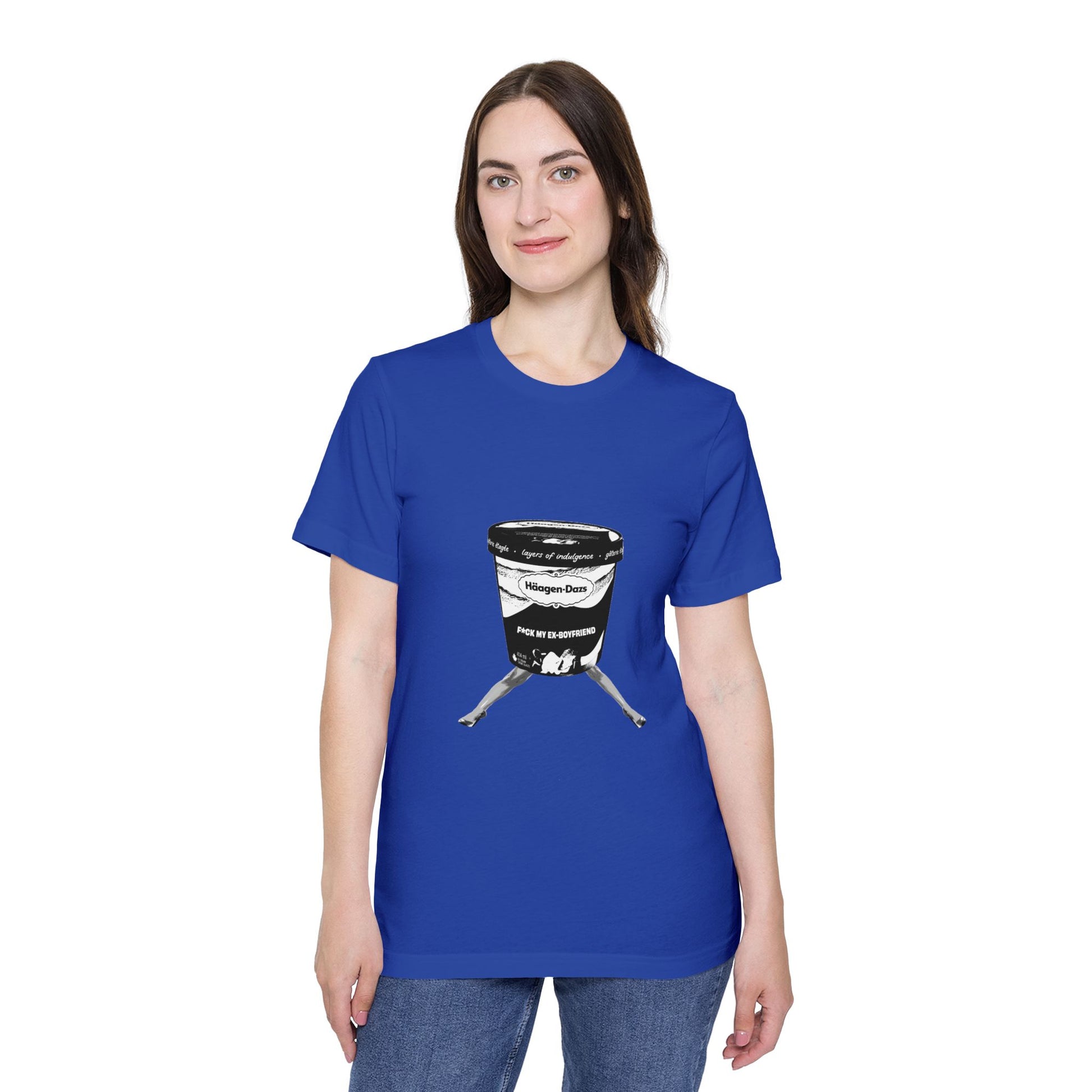 Woman in royal blue jersey t-shirt with cheeky breakup design front and center
