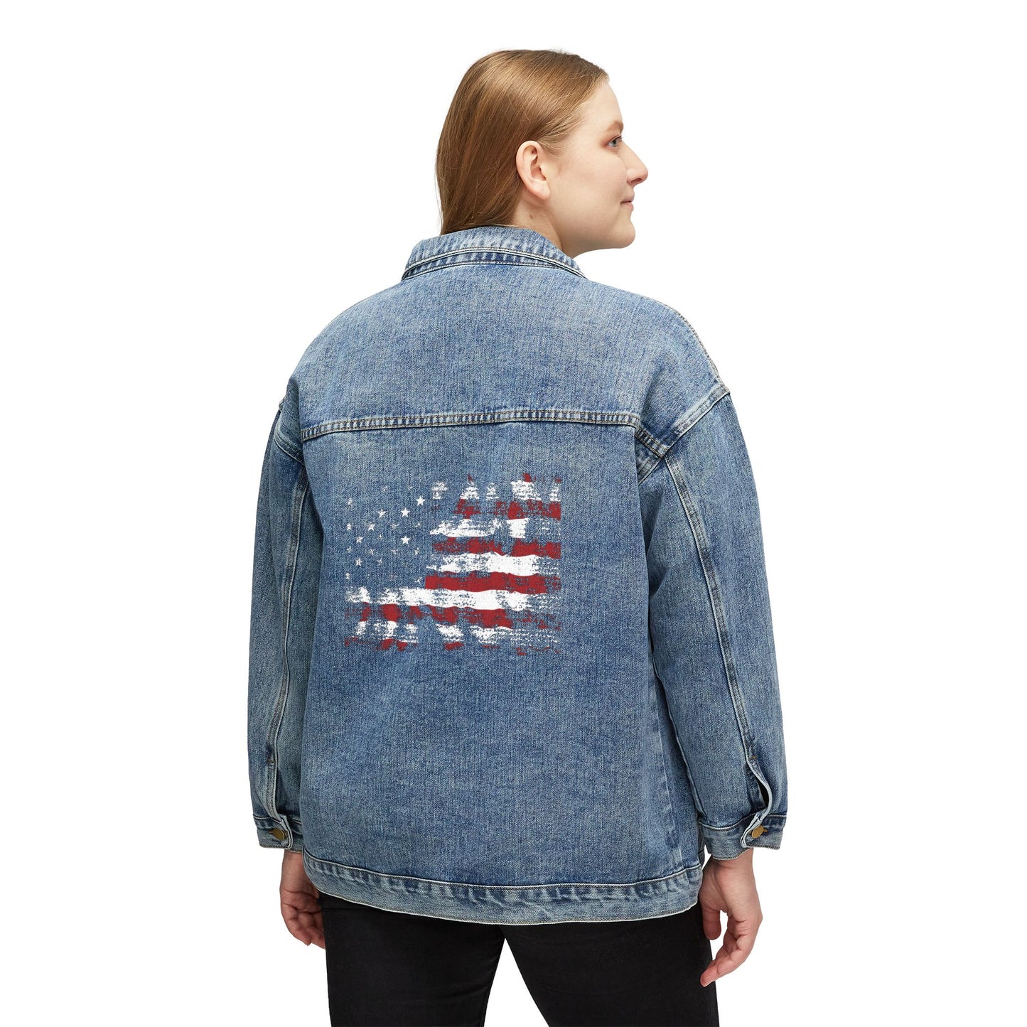 Woman wearing Americana Women’s Denim Jacket back view showing flag patch