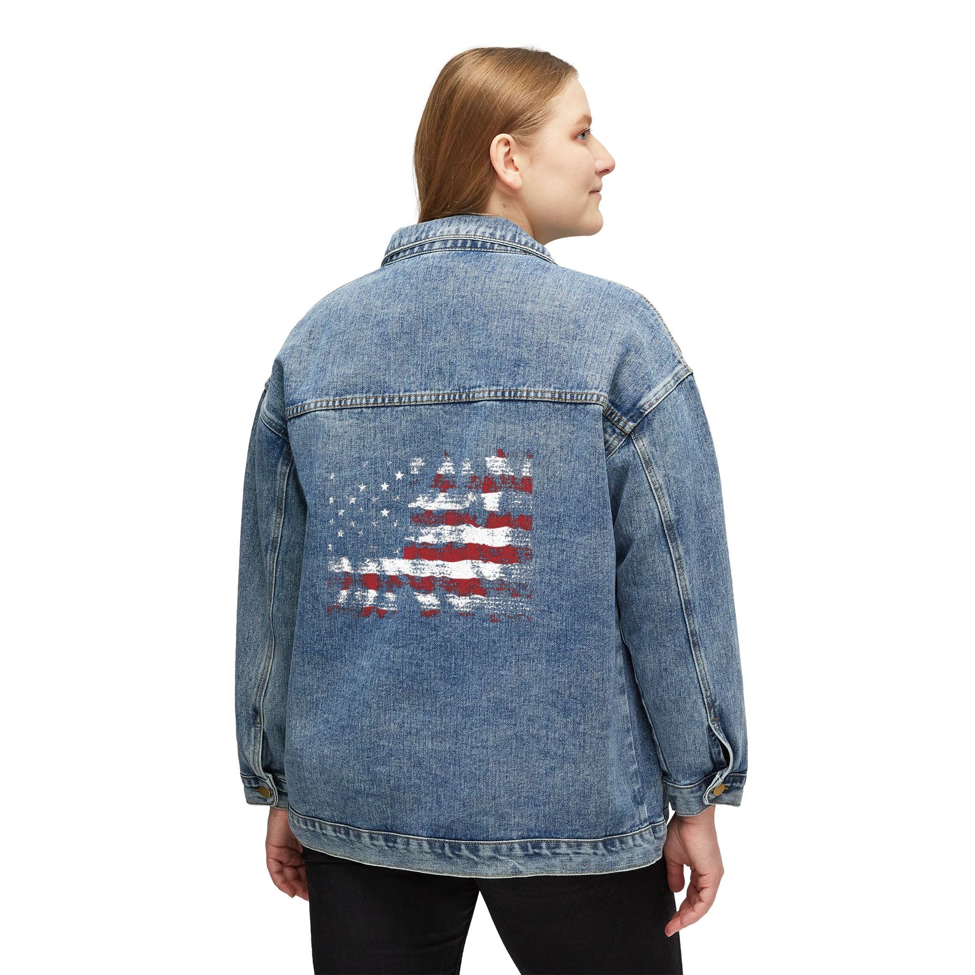 Woman wearing Americana Women’s Denim Jacket back view showing flag patch