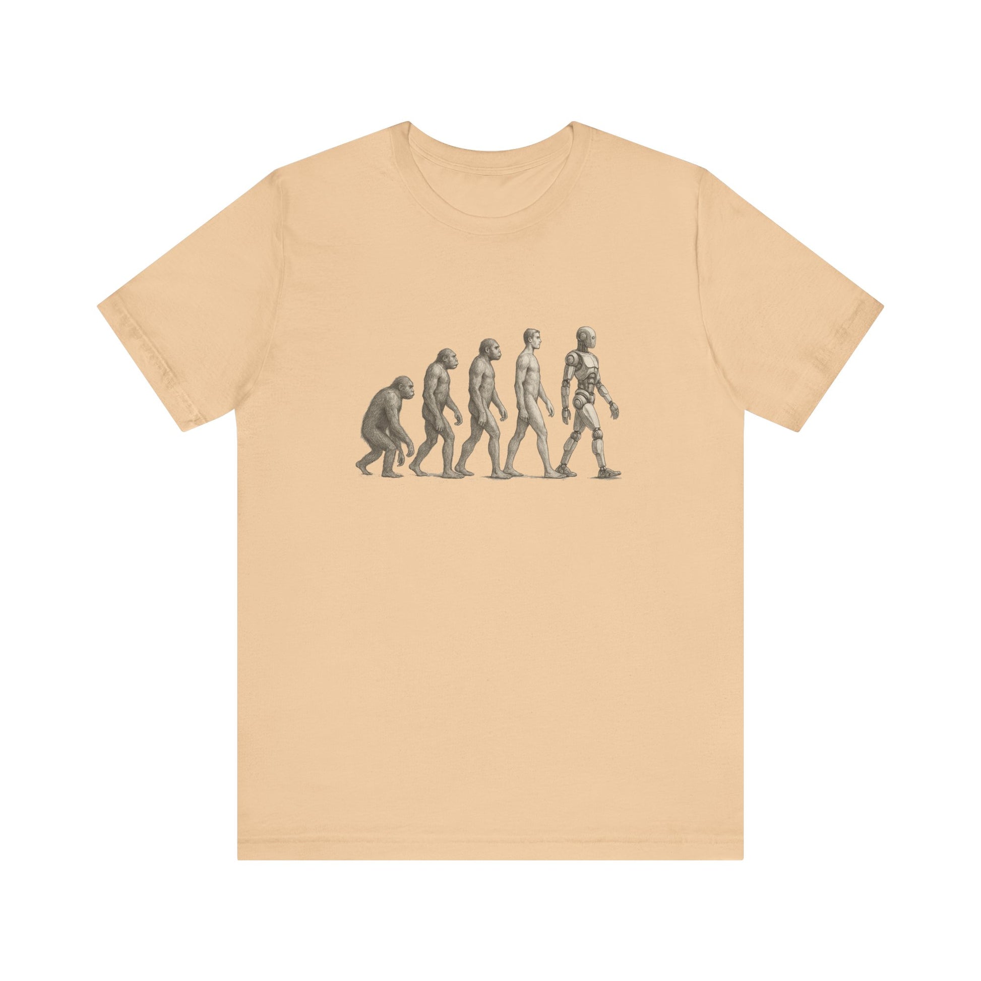 Peach t-shirt with human evolution graphic transitioning to robot