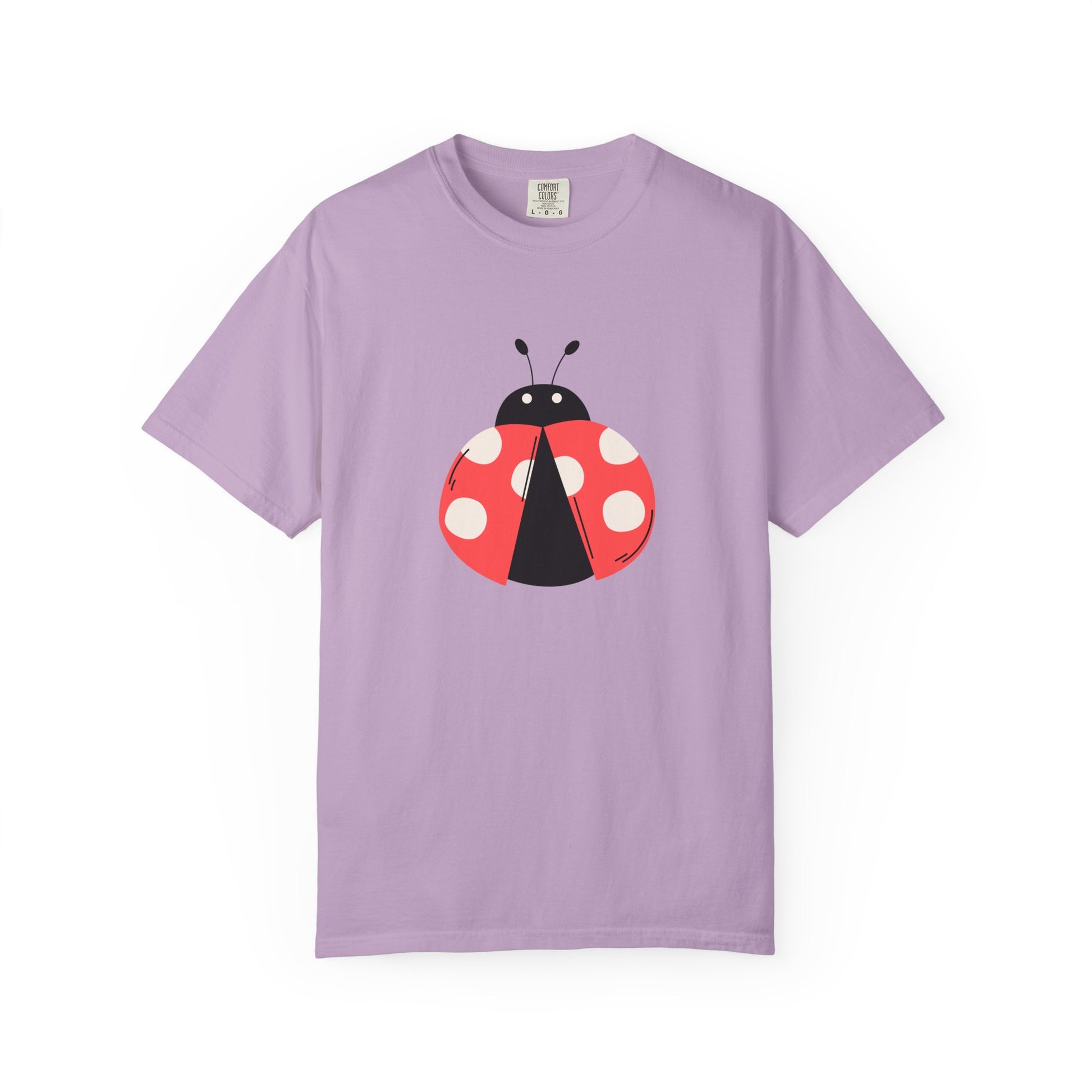 Lavender Lady Bug T-Shirt featuring a bold lady bug design.