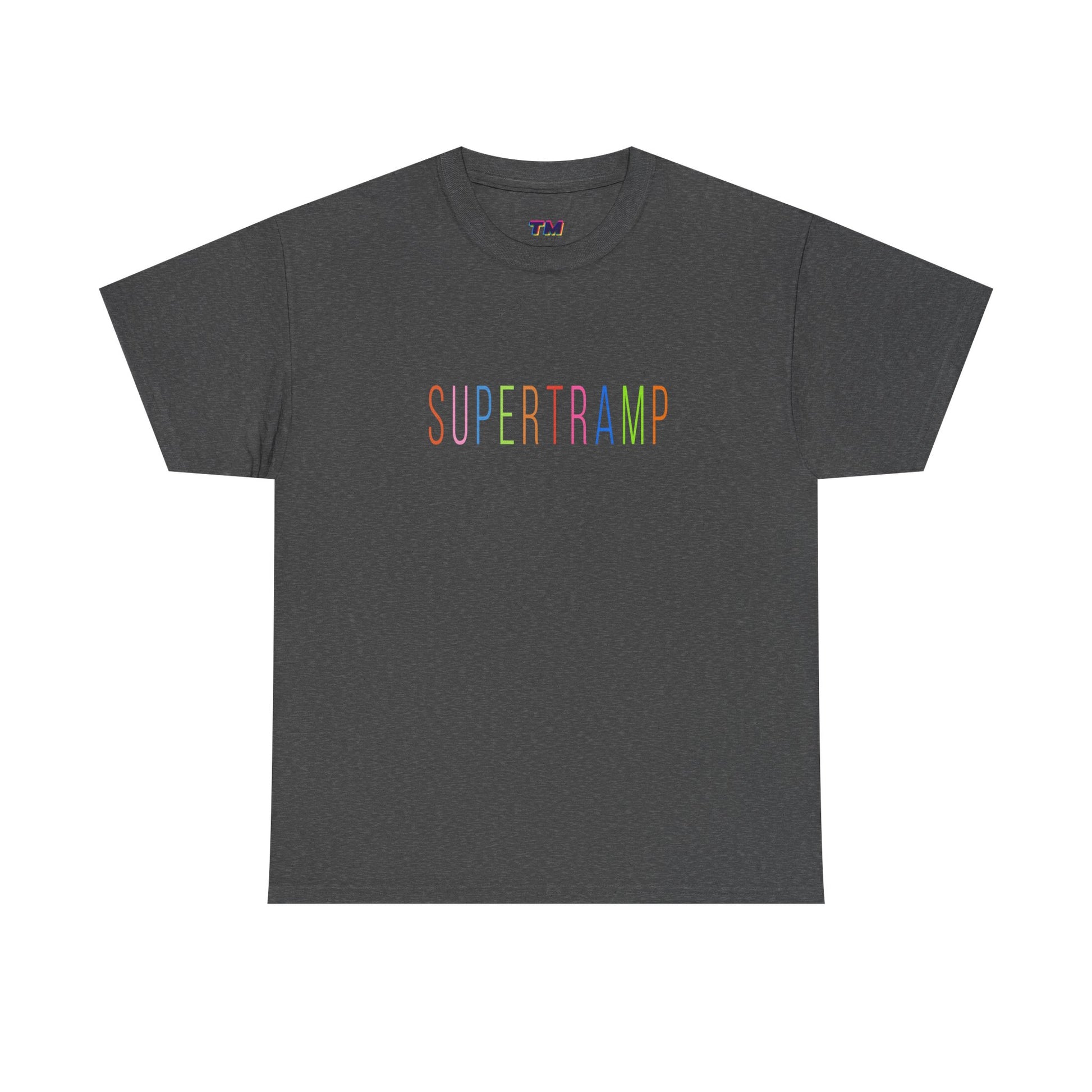 Dark gray Supertramp t-shirt laid flat with colorful logo.