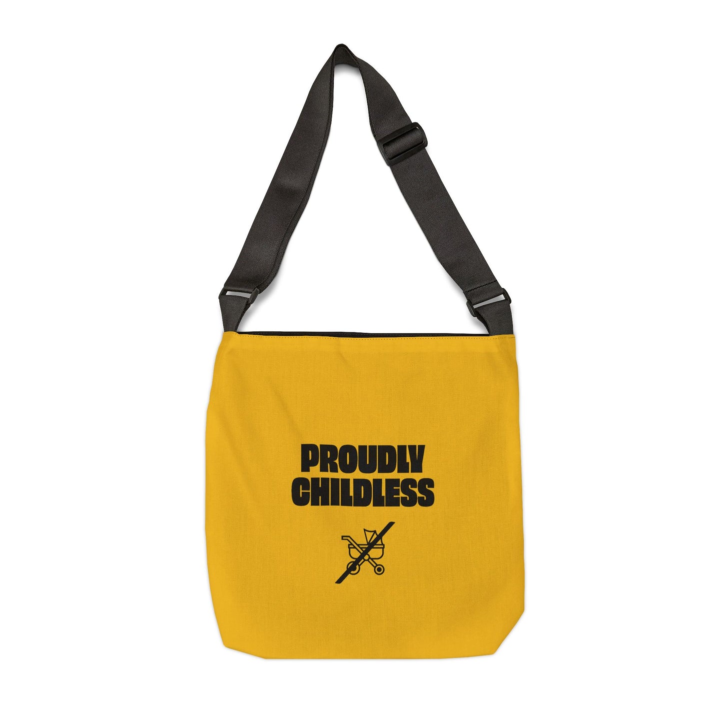 Rear view of Proudly Childless Adjustable Tote Bag showing adjustable black straps