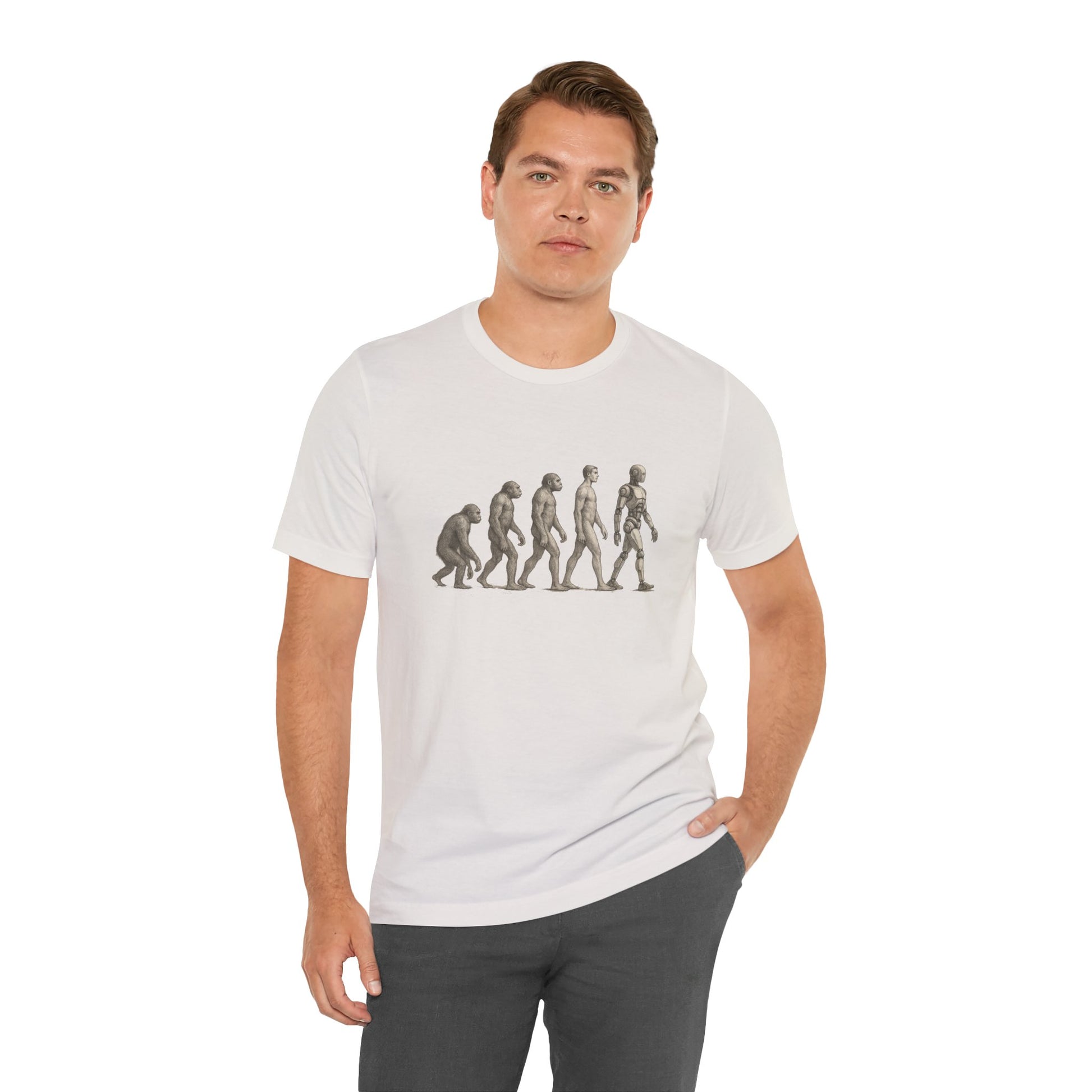 Model wearing cream t-shirt with human evolution graphic from ape to robot