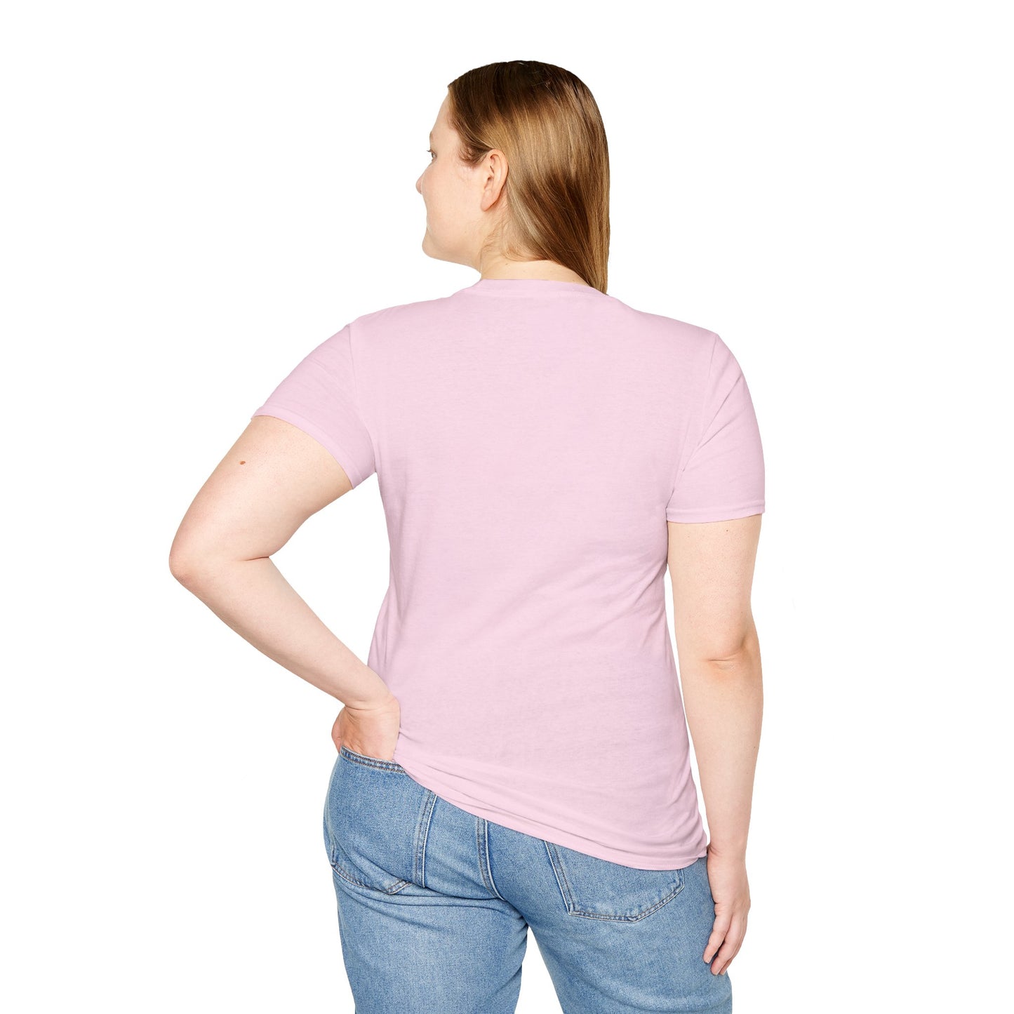 Woman wearing a pink t-shirt and blue jeans on a white background