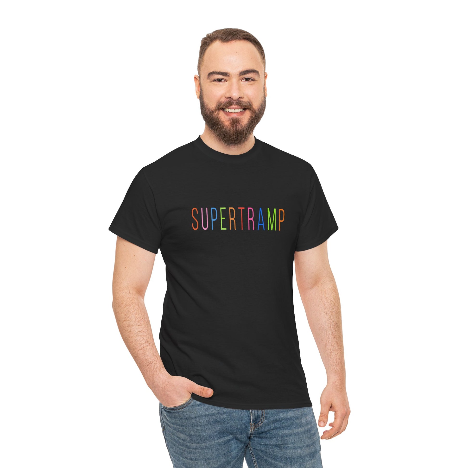 Model wearing black Supertramp unisex t-shirt with multicolor print.