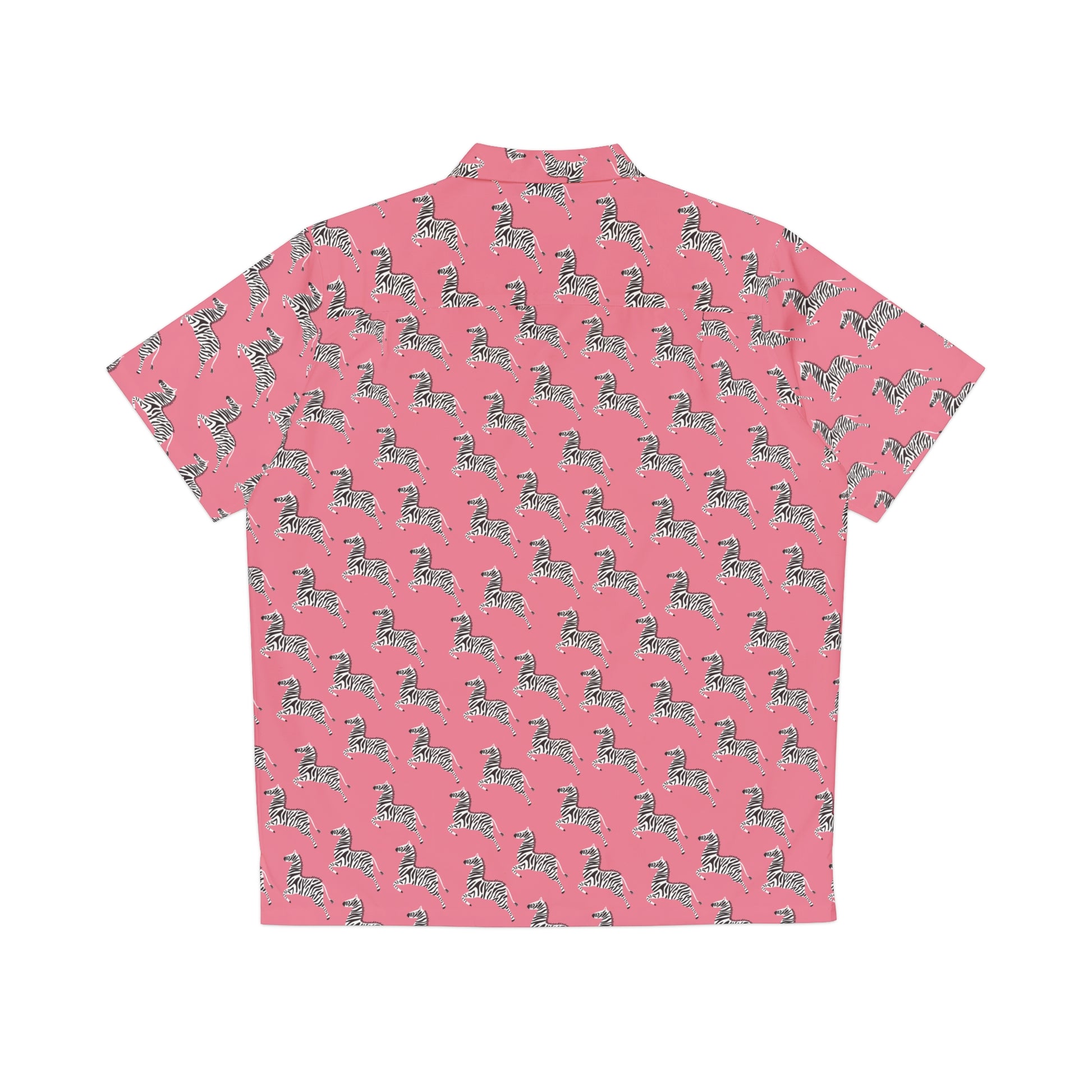 Back view of pink short-sleeve shirt laid flat, showing full zebra pixel art pattern.