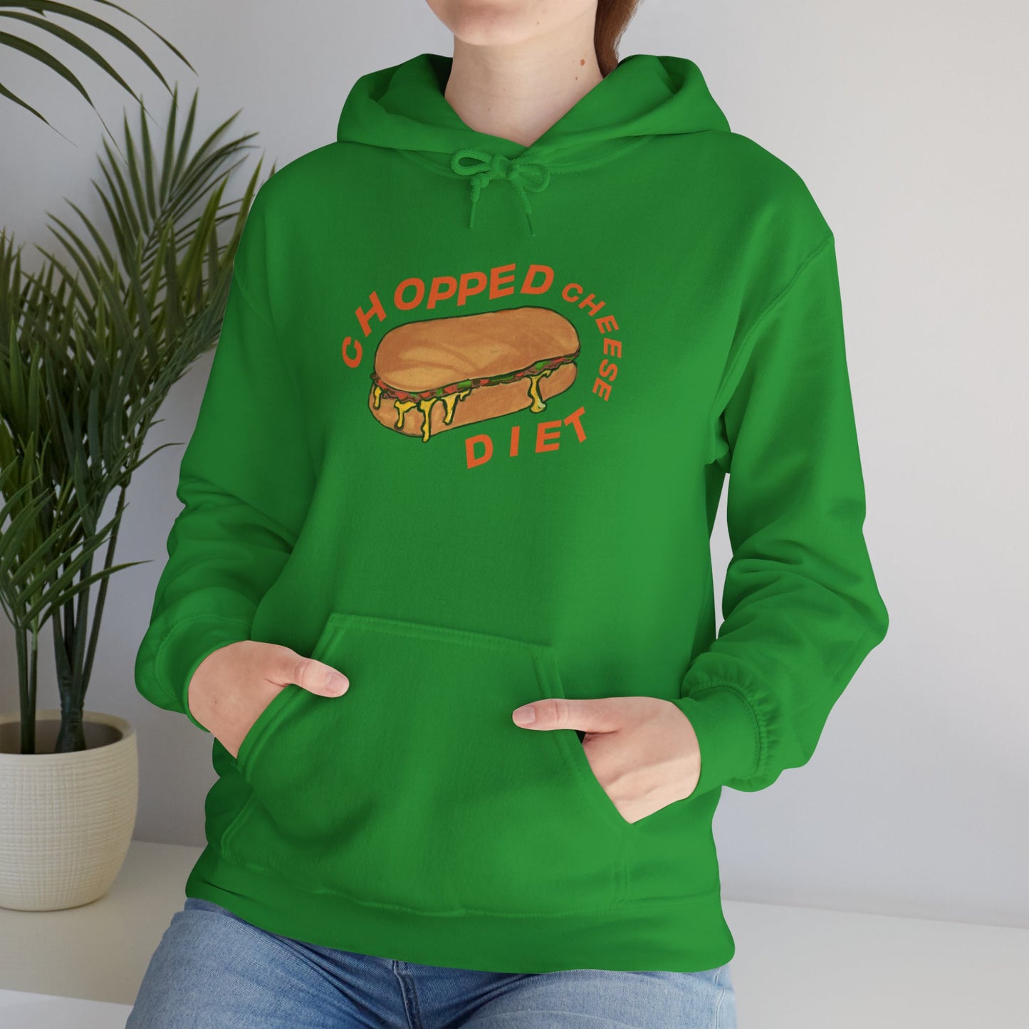 Person in green hoodie with “Chopped Cheese Diet” sandwich graphic, standing with hands in pockets.