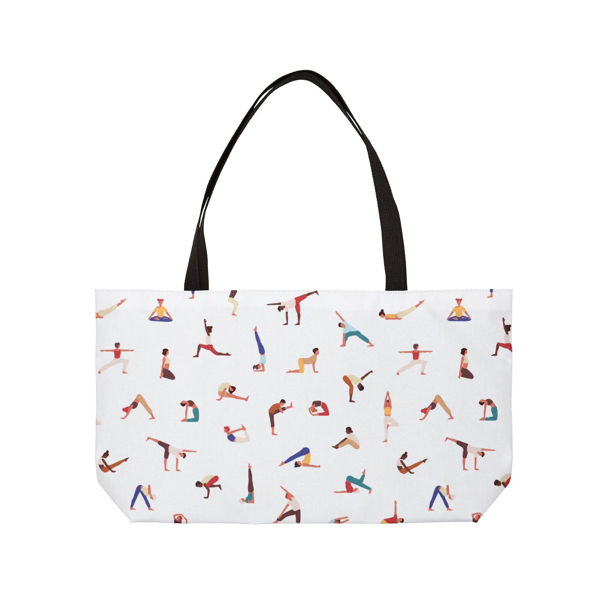 Tote bag with yoga pose pattern on a white background