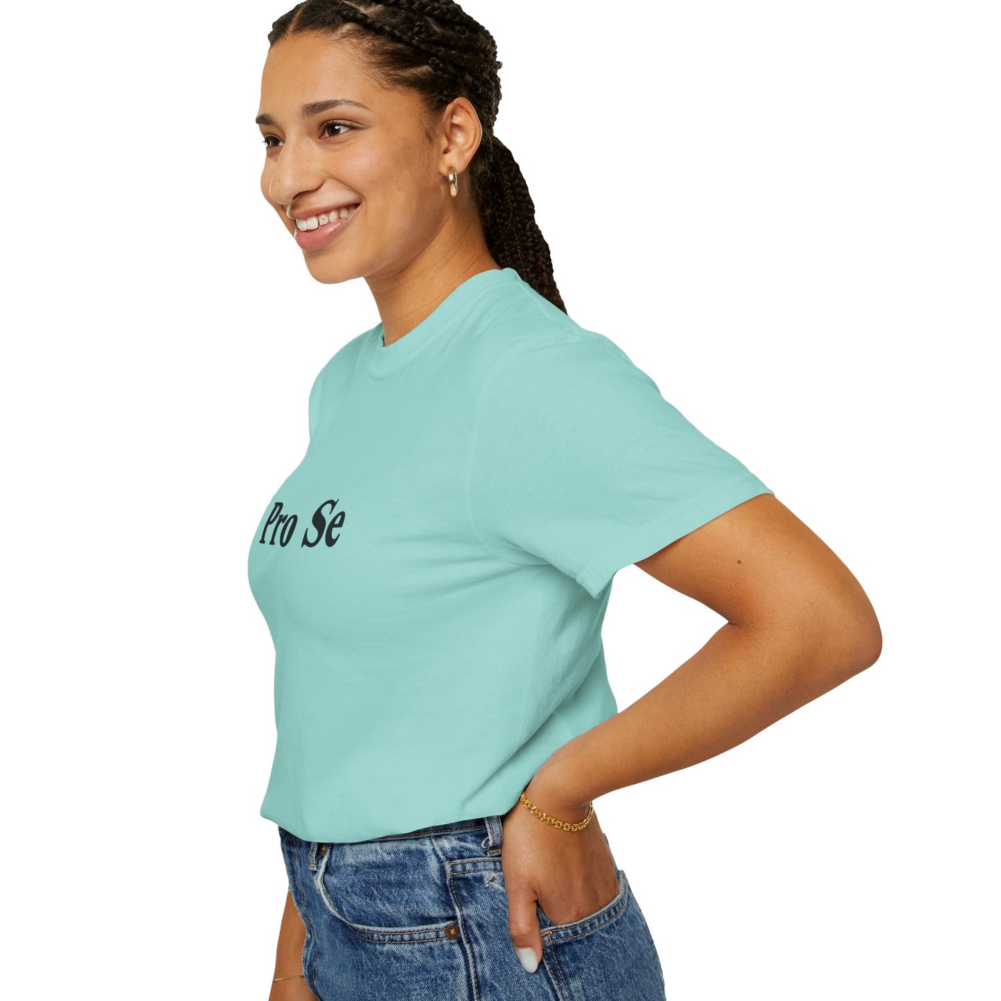 Woman wearing a mint Pro Se T-Shirt with bold black text, ethically made from 100% US-grown cotton. A minimalist legal tee perfect for law lovers and self-representers.