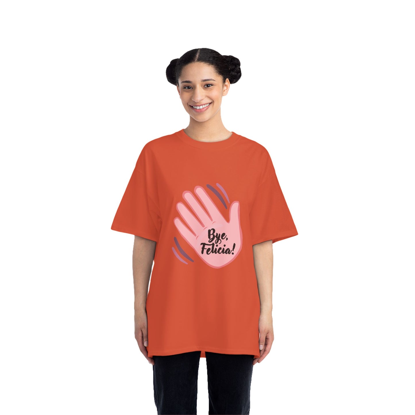 Woman wearing red Bye Felicia T-Shirt with pink hand graphic