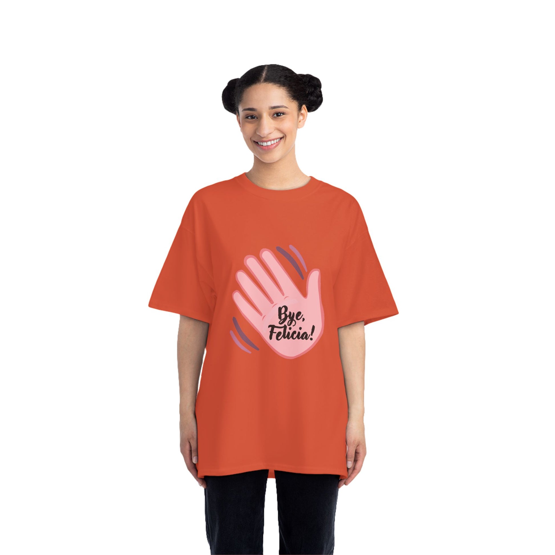 Woman wearing red Bye Felicia T-Shirt with pink hand graphic