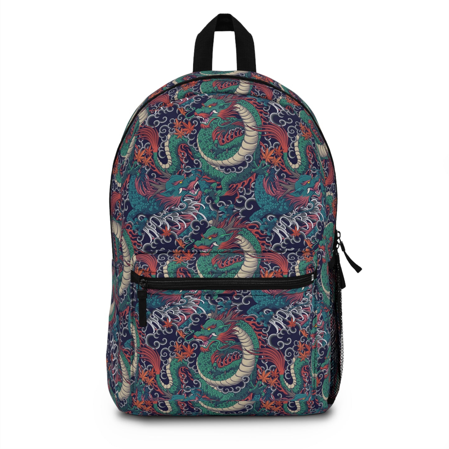 Backpack with intricate Eastern dragon pattern in red, green, and blue tones over a dark background.