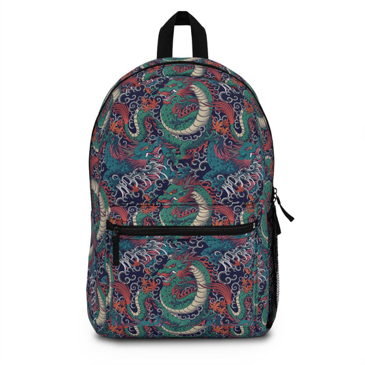 Backpack with intricate Eastern dragon pattern in red, green, and blue tones over a dark background.