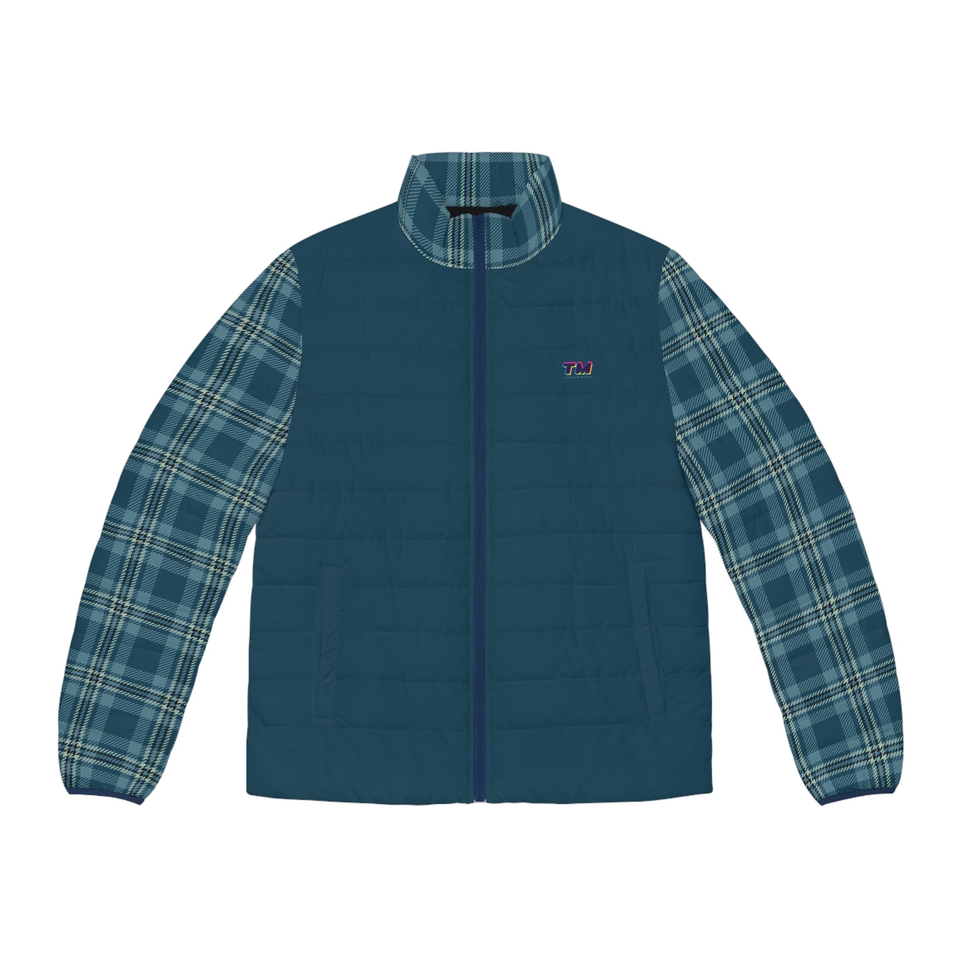 Blue puffer jacket with plaid sleeves on a white background
