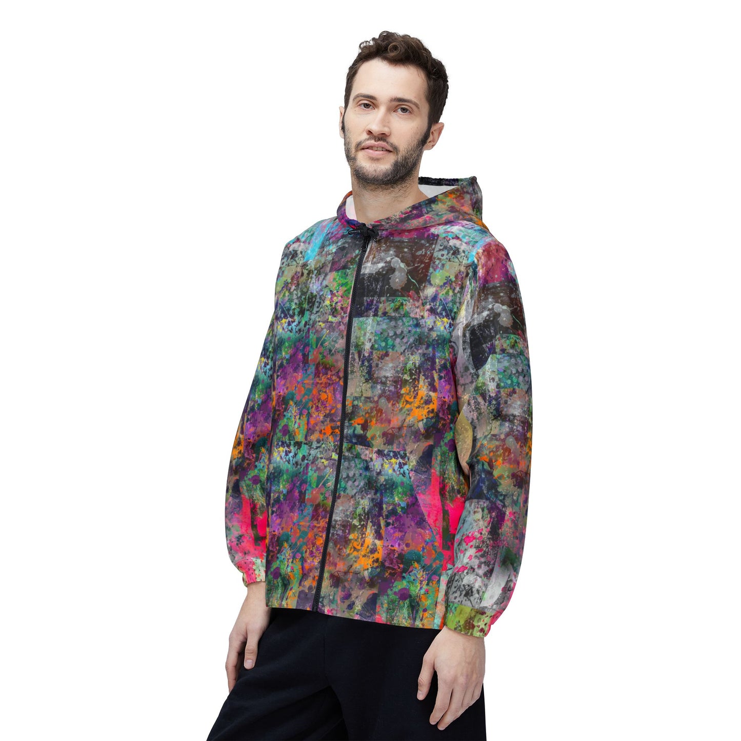 Male model front view wearing Color Splash Windbreaker Jacket with abstract splatter art design.