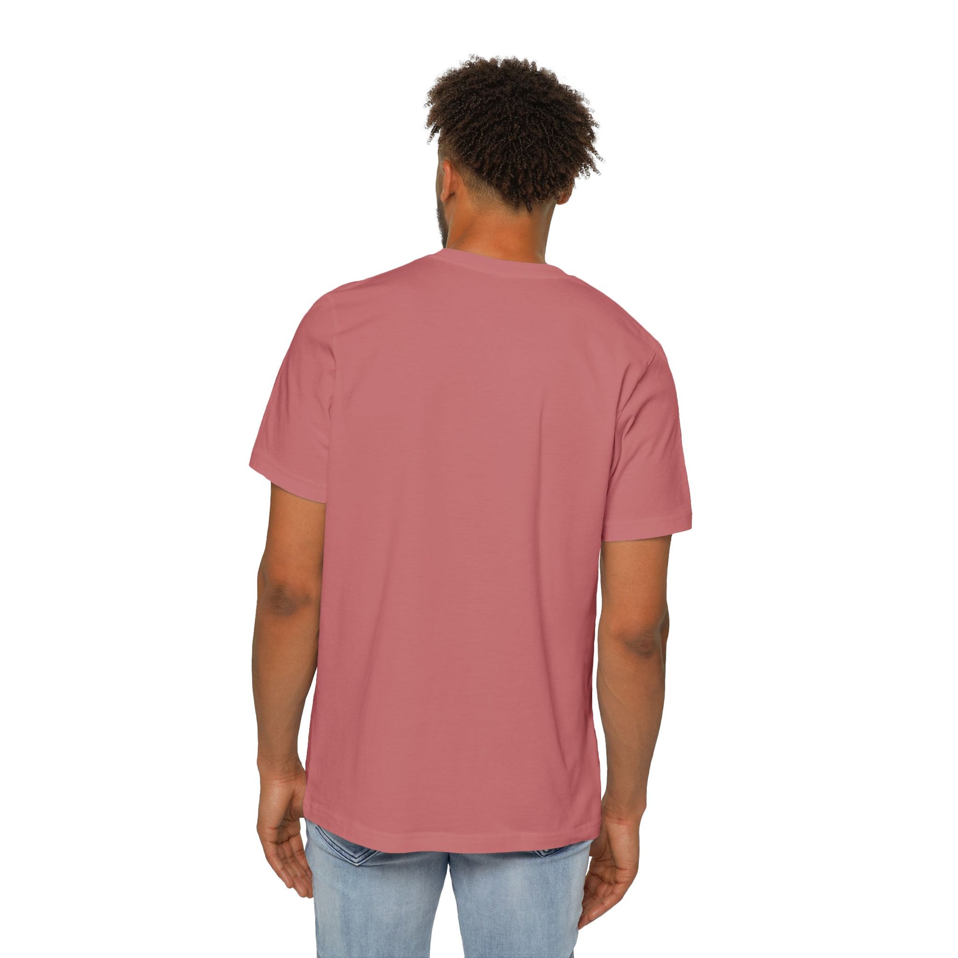 Back view of man in rose-pink t-shirt showing plain back design