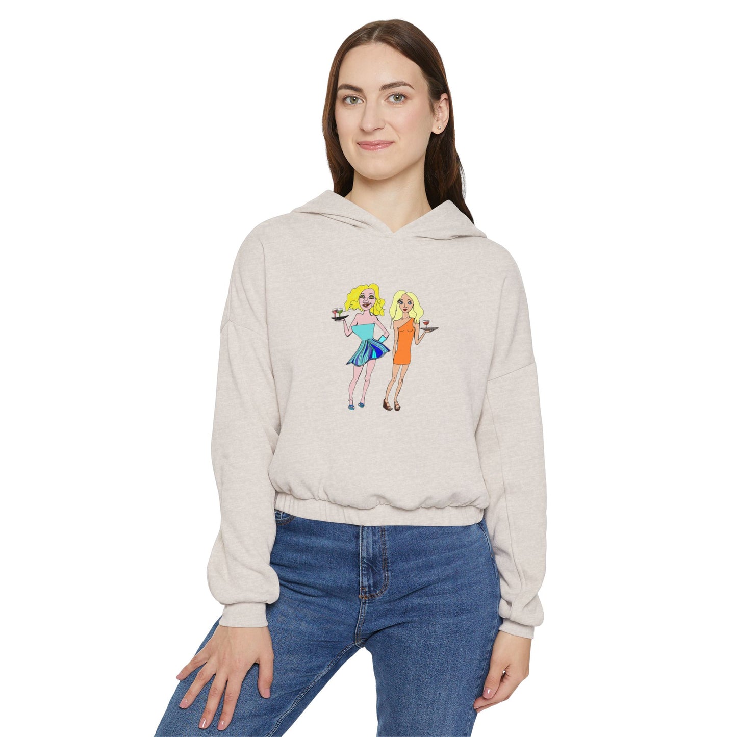 Back view of model wearing oatmeal waitress hoodie.