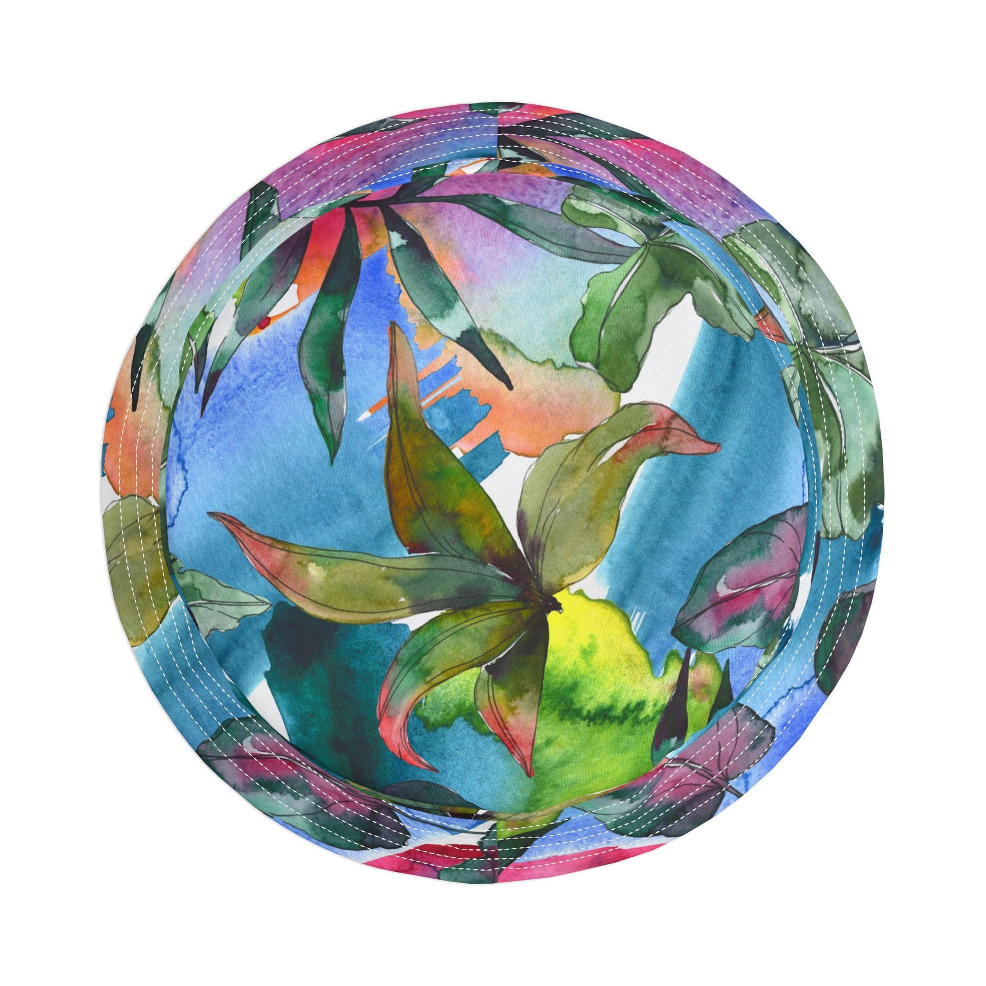 Top view of Acquarela Bucket Hat displaying colorful watercolor-inspired design.