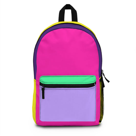 Bright color block backpack with pink front, green zipper flap, purple pocket, and yellow sides.