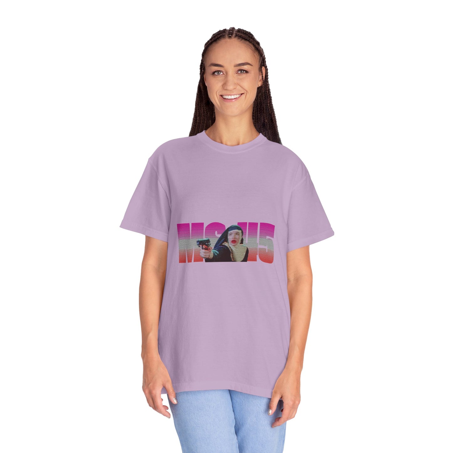 Woman wearing lavender Ms.45 T-Shirt full front view
