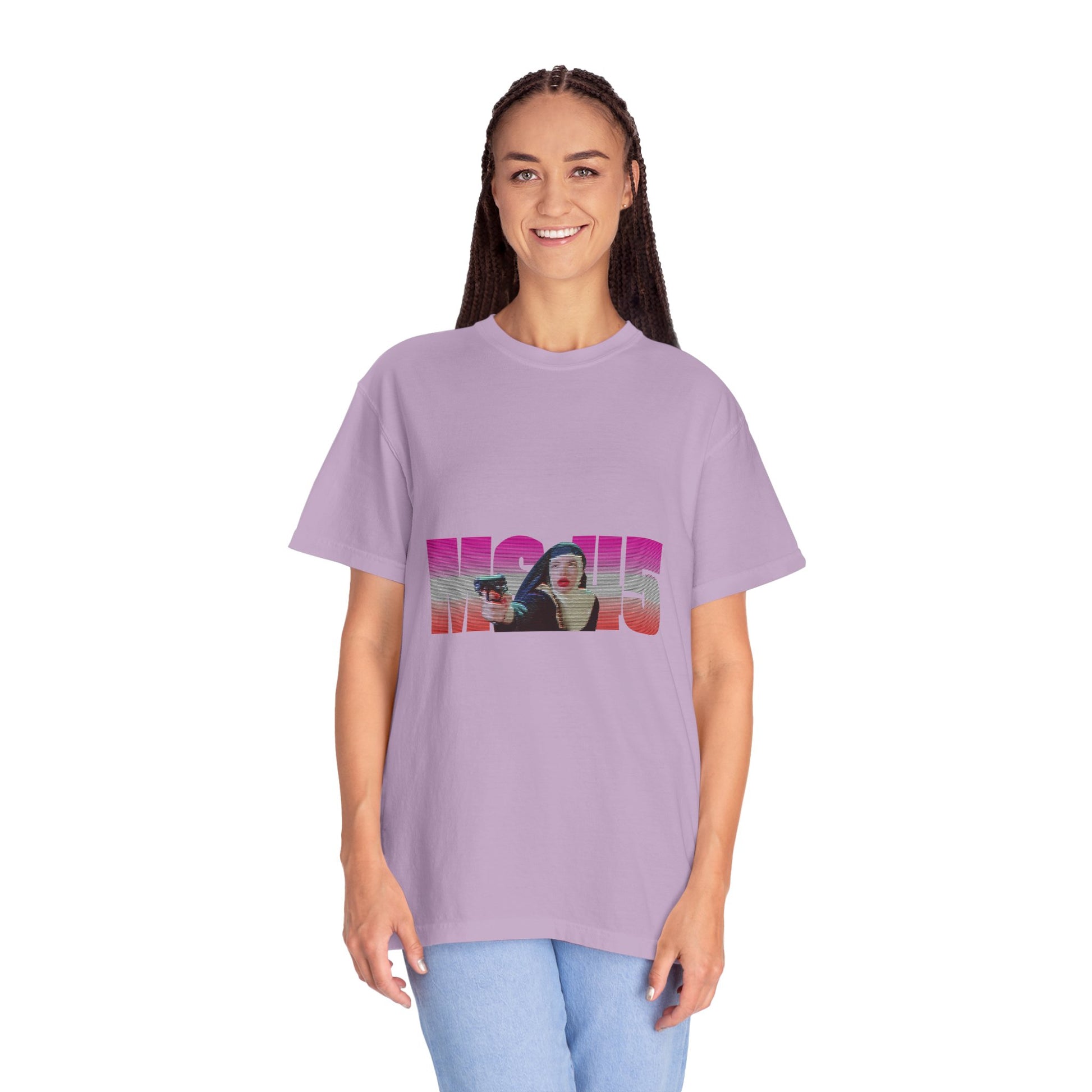 Woman wearing lavender Ms.45 T-Shirt full front view