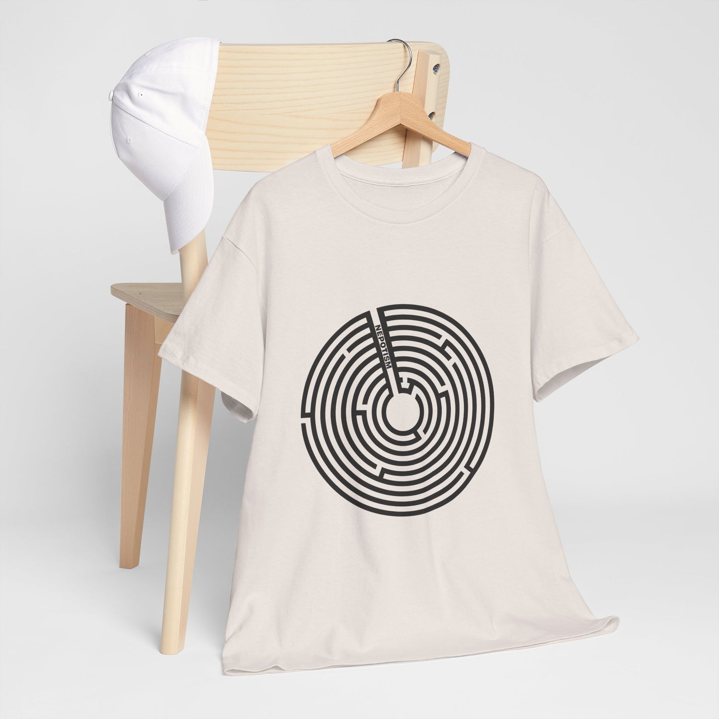 Light beige Nepo T-Shirt with maze design on chair mockup