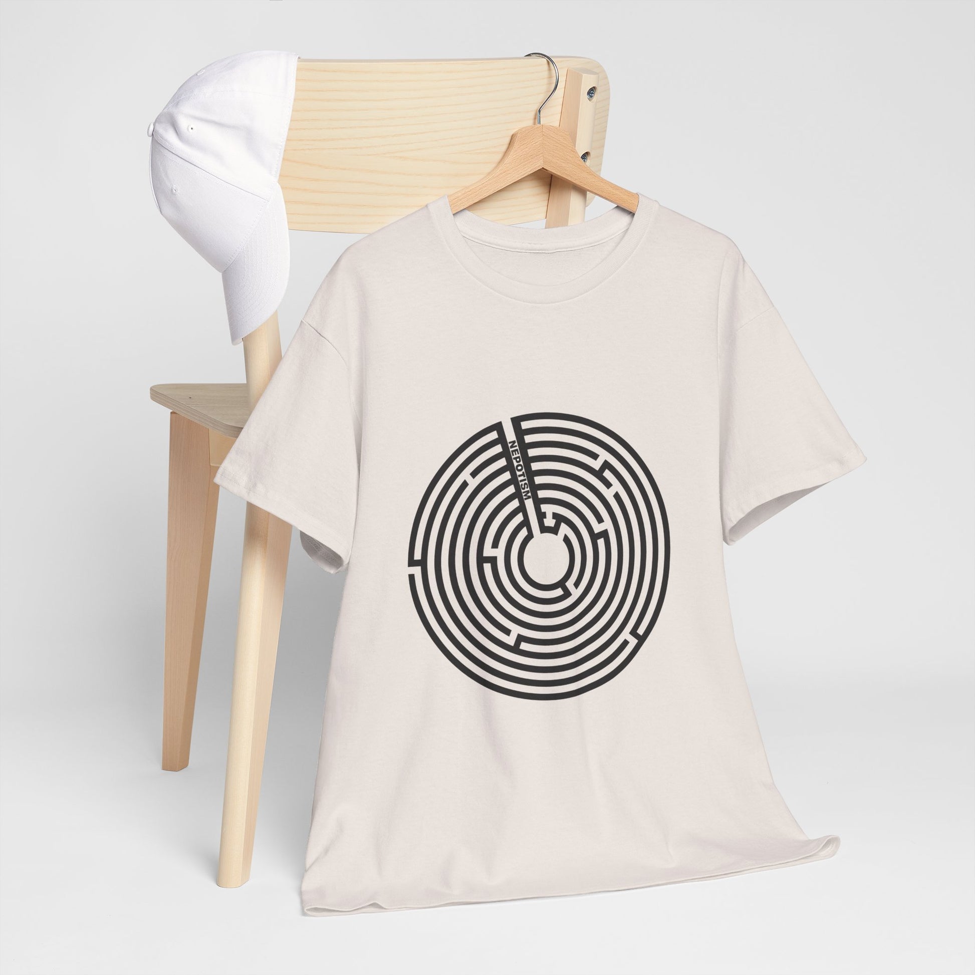 Light beige Nepo T-Shirt with maze design on chair mockup