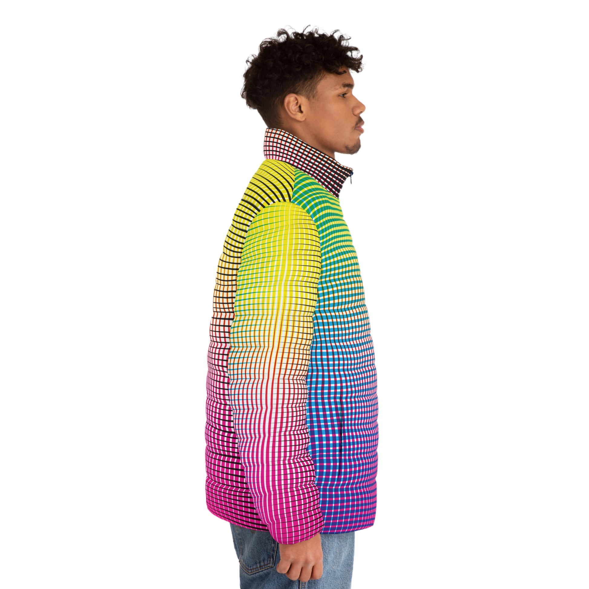 Model wearing Electric Rainbow Men’s Puffer Jacket Lightweight Winter Coat side profile right view