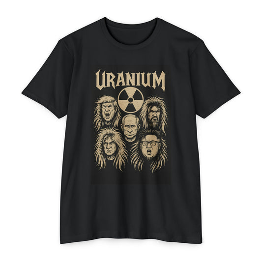 Flat-lay image of black T-shirt featuring “Uranium” text and caricatures of world leaders styled as a heavy metal band.