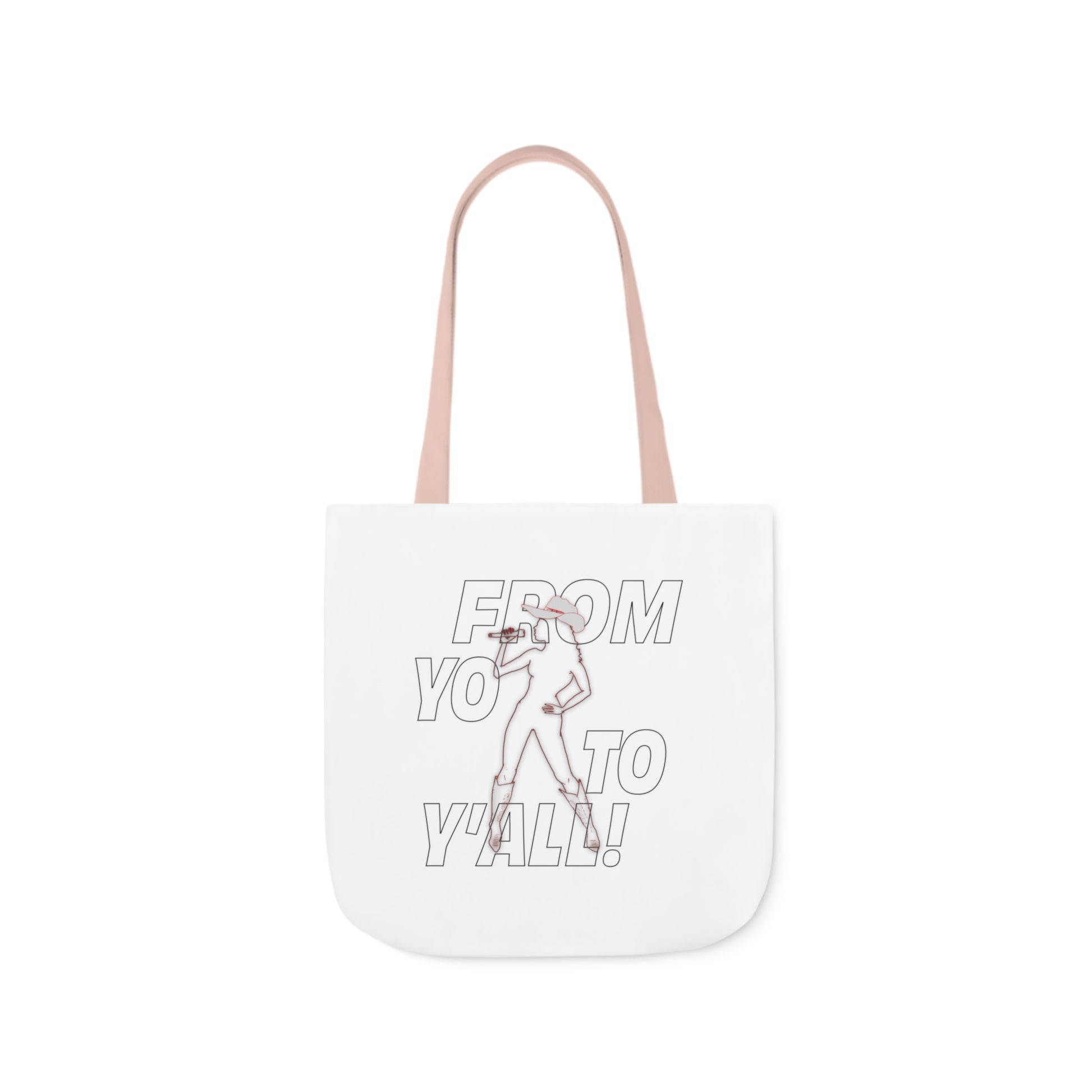 White tote bag featuring a line drawing of a figure with a microphone and the text "FROM YOU TO Y'ALL!"